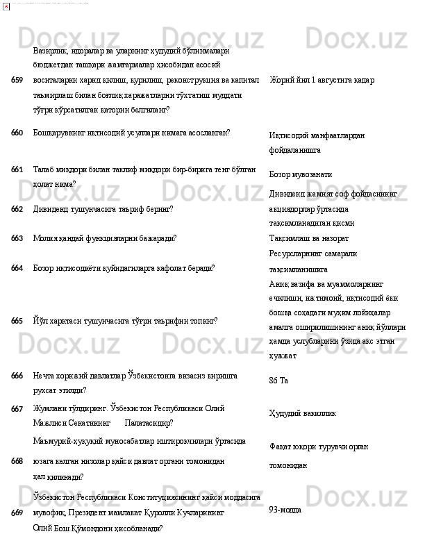 Вазирлик,   идоралар   ва   уларнинг   ҳудудий   бўлинмалари 
бюджетдан ташқари жамғармалар ҳисобидан асосий
6 59 воситаларни харид қилиш, қурилиш, реконструкция ва капитал Жорий   йил   1   августига   қадар
таъмирлаш билан боғлиқ харажатларни тўхтатиш муддати
тўғри кўрсатилган   қаторни  белгиланг?
660 Бошқарувнинг   иқтисодий   усуллари   нимага   асосланган?
Иқтисодий   манфаатлардан
фойдаланишга
661
Талаб   миқдори   билан   таклиф   миқдори   бир-бирига   тенг   бўлган
ҳолат нима? Бозор  мувозанати
Дивиденд   жамият   соф   фойдасининг
662 Дивиденд   тушунчасига   таъриф   беринг? акциядорлар ўртасида 
тақсимланадиган   қисми
663 Молия қандай функцияларни бажаради? Тақсимлаш ва назорат 
Ресурсларнинг   самарали
664 Бозор   иқтисодиёти   қуйидагиларга   кафолат   беради?
665 Йўл   харитаси   тушунчасига   тўғри   таърифни  топинг? тақсимланишига
Аниқ вазифа ва муаммоларнинг 
ечилиши, ижтимоий, иқтисодий ёки 
бошқа соҳадаги муҳим лойиҳалар 
амалга   оширилишининг   аниқ   йўллари 
ҳамда услубларини ўзида акс этган 
ҳужжат
666
667 Нечта   хорижий   давлатлар   Ўзбекистонга   визасиз   киришга 
рухсат этилди?
Жумлани   тўлдиринг.   Ўзбекистон   Республикаси   Олий  
Мажлиси  Сенатининг Палатасидир?
Маъмурий-ҳуқуқий   муносабатлар   иштирокчилари   ўртасида 86  Ta
Ҳудудий   вакиллик
Фақат   юқори   турувчи   орган
6 68 юзага   келган   низолар   қайси   давлат   органи   томонидан  
ҳал 
қилинади?
Ўзбекистон   Республикаси   Конституциясининг   қайси   моддасига
6 69 мувофиқ,   Президент   мамлакат   Қуролли   Кучларининг  
Олий 
Бош Қўмондони ҳисобланади? томонидан
93-модда 
