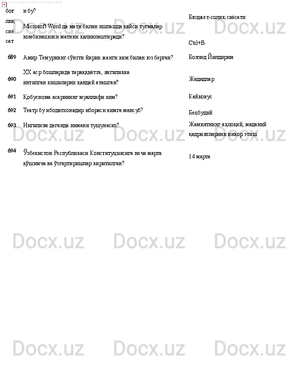 боғ
лиқ 
сиё
сат и бу?
Microsoft   Word   да   матн   билан   ишлашда   қайси   тугмалар 
комбинацияси матнни қалинлаштиради? Бюджет-солиқ   сиёсати
Ctrl+B
689
Амир   Темурнинг   сўнгги   йирик   жанги   ким   билан   юз  берган? Боязид   Йилдирим
690 XX   аср   бошларида   тараққиётга,   янгиликка  
интилган кишиларни қандай аташган? Жадидлар
691
Қобуснома   асарининг   муаллифи  ким? Кайковус
692 Театр бу   ибодатхонадир ибораси кимга   мансуб?
693 Нигилизм   деганда   нимани   тушунасиз? Беҳбудий
Жамиятнинг   аҳлоқий,   маданий 
қадриятларини инкор этиш
694
Ўзбекистон   Республикаси   Конституциясига   неча   марта
қўшимча ва ўзгартиришлар киритилган? 14  марта 