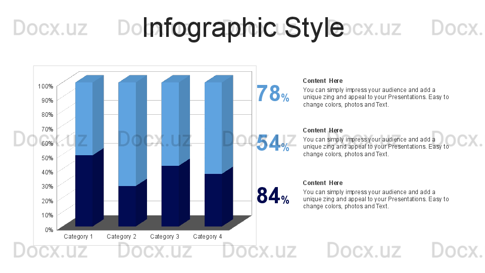 Infographic Style
Category 1 Category 2 Category 3 Category 40%10%20%30%40%50%60%70%80%90%100% Content  Here
You can simply impress your audience and add a 
unique zing and appeal to your Presentations. Easy to 
change colors, photos and Text.78 %
Content  Here
You can simply impress your audience and add a 
unique zing and appeal to your Presentations. Easy to 
change colors, photos and Text.54 %
Content  Here
You can simply impress your audience and add a 
unique zing and appeal to your Presentations. Easy to 
change colors, photos and Text.84 %