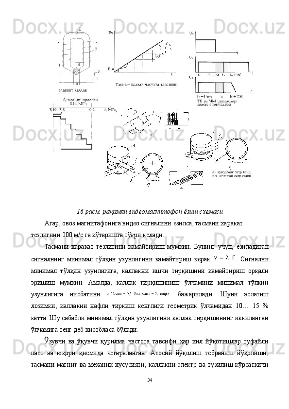  
16-расм. рақамли видеомагнитофон  ё зиш схемаси 
  Агар, овоз магнитафонига видео сигналини е$зилса, тасмани харакат 
тезлигини 200 м/с га кўтаришга тўғри келади. 
  Тасмани   харакат   тезлигини   камайтириш   мумкин.   Бунинг   учун,  	
е$зиладиган
сигналнинг   минимал   тўлқин   узунлигини   камайтириш   керак   .   Сигнални
минимал   тўлқин   узунлигига,   каллакни   ишчи   тирқишини   камайтириш   орқали
эришиш   мумкин.   Амалда,   каллак   тирқишининг   ўлчамини   минимал   тўлқин
узунлигига   нисбатини     бажарилади.   Шуни   эслатиш
лозимки,   каллакни   нафли   тирқиш   кенглиги   геометрик   ўлчамидан   10…   15   %
катта. Шу сабабли минимал тўлқин узунлигини каллак тирқишининг иккиланган
ўлчамига тенг деб хисобласа бўлади. 
  Ўзувчи   ва   ўқувчи   қурилма   частота   тавсифи   ҳар   хил   йўқотишлар   туфайли
паст   ва   юқори   қисмида   чегараланган.   Асосий   йўқолиш   тебраниш   йўқолиши,
тасмани  магнит  ва  механик  хусусияти,   каллакни  электр  ва  тузилиш  кўрсаткичи
34  
  