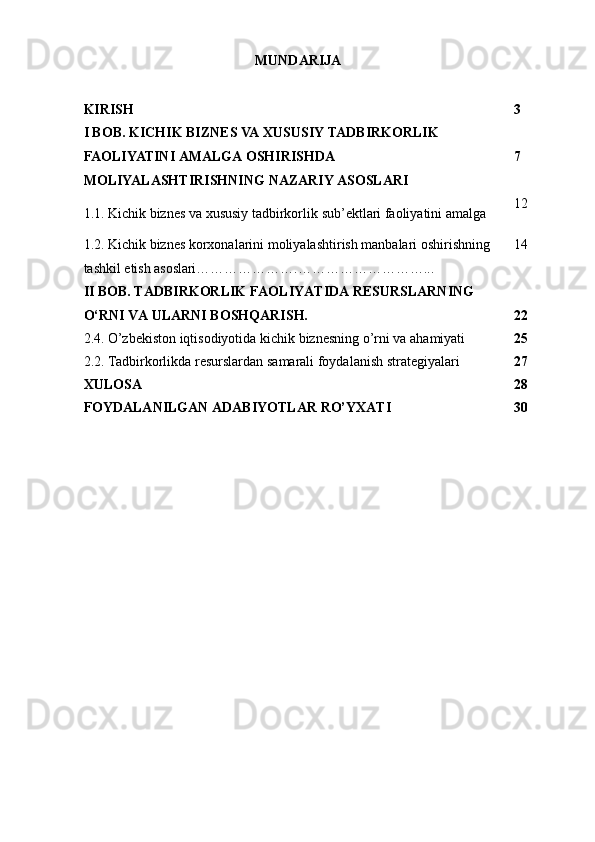 MUNDARIJA
KIRISH 3
I   BOB .   KICHIK   BIZNES   VA   XUSUSIY   TADBIRKORLIK  
FAOLIYATINI   AMALGA   OSHIRISHDA  
MOLIYALASHTIRISHNING   NAZARIY   ASOSLARI 7
1.1.  Kichik   biznes   va   xususiy   tadbirkorlik   sub ’ ektlari   faoliyatini   amalga 12
1.2. Kichik biznes korxonalarini moliyalashtirish manbalari  oshirishning  
tashkil   etish   asoslari ………………….………………………... 14
II BOB. TADBIRKORLIK FAOLIYATIDA RESURSLARNING 
O‘RNI VA ULARNI BOSHQARISH. 22
2.4.   O ’ zbekiston   iqtisodiyotida   kichik   biznesning   o ’ rni   va   ahamiyati   25
2.2.   Tadbirkorlikda resurslardan samarali foydalanish strategiyalari 27
XULOSA 28
FOYDALANILGAN ADABIYOTLAR RO’YXAT I 30 