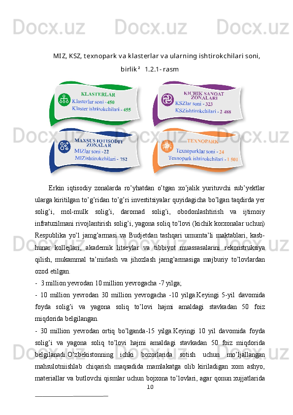 MI Z, KSZ, t exnopark  v a k last erlar v a ularning isht irok chilari soni,
birlik 2  
1.2.1- rasm
Erkin   iqtisodiy   zonalarda   ro’yhatdan   o’tgan   xo’jalik   yurituvchi   sub’yektlar
ularga kiritilgan   to’g’ridan to’g’ri investitsiyalar quyidagicha bo’lgan taqdirda yer
solig’i,   mol-mulk   solig’i,   daromad   solig’i,   obodonlashtirish   va   ijtimoiy
infratuzilmani rivojlantirish   solig’i, yagona soliq to’lovi (kichik korxonalar uchun)
Respublika   yo’l   jamg’armasi   va   Budjetdan   tashqari   umumta’li   maktablari,   kasb-
hunar   kollejlari,   akademik   litseylar   va   tibbiyot   muassasalarini   rekonstruksiya
qilish,   mukammal   ta’mirlash   va   jihozlash   jamg’armasiga   majburiy   to’lovlardan
ozod etilgan.
-  3 million yevrodan 10 million yevrogacha -7 yilga;
-   10   million   yevrodan   30   million   yevrogacha   -10   yilga.Keyingi   5-yil   davomida
foyda   solig’i   va   yagona   soliq   to’lovi   hajmi   amaldagi   stavkadan   50   foiz
miqdorida belgilangan.
-   30   million   yevrodan   ortiq   bo’lganda-15   yilga.Keyingi   10   yil   davomida   foyda
solig’i   va   yagona   soliq   to’lovi   hajmi   amaldagi   stavkadan   50   foiz   miqdorida
belgilanadi.O’zbekistonning   ichki   bozorlarida   sotish   uchun   mo’ljallangan
mahsulotniishlab   chiqarish   maqsadida   mamlakatga   olib   kiriladigan   xom   ashyo,
materiallar va   butlovchi qismlar uchun bojxona to’lovlari, agar qonun xujjatlarida
10 