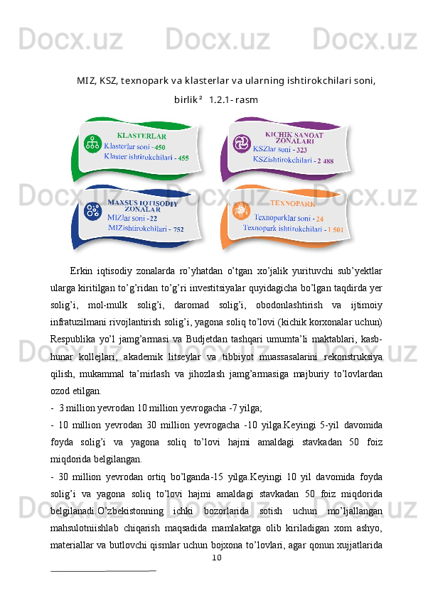 MI Z, KSZ, t exnopark  v a k last erlar v a ularning isht irok chilari soni,
birlik 2  
1.2.1- rasm
Erkin   iqtisodiy   zonalarda   ro’yhatdan   o’tgan   xo’jalik   yurituvchi   sub’yektlar
ularga kiritilgan   to’g’ridan to’g’ri investitsiyalar quyidagicha bo’lgan taqdirda yer
solig’i,   mol-mulk   solig’i,   daromad   solig’i,   obodonlashtirish   va   ijtimoiy
infratuzilmani rivojlantirish   solig’i, yagona soliq to’lovi (kichik korxonalar uchun)
Respublika   yo’l   jamg’armasi   va   Budjetdan   tashqari   umumta’li   maktablari,   kasb-
hunar   kollejlari,   akademik   litseylar   va   tibbiyot   muassasalarini   rekonstruksiya
qilish,   mukammal   ta’mirlash   va   jihozlash   jamg’armasiga   majburiy   to’lovlardan
ozod etilgan.
-  3 million yevrodan 10 million yevrogacha -7 yilga;
-   10   million   yevrodan   30   million   yevrogacha   -10   yilga.Keyingi   5-yil   davomida
foyda   solig’i   va   yagona   soliq   to’lovi   hajmi   amaldagi   stavkadan   50   foiz
miqdorida belgilangan.
-   30   million   yevrodan   ortiq   bo’lganda-15   yilga.Keyingi   10   yil   davomida   foyda
solig’i   va   yagona   soliq   to’lovi   hajmi   amaldagi   stavkadan   50   foiz   miqdorida
belgilanadi.O’zbekistonning   ichki   bozorlarida   sotish   uchun   mo’ljallangan
mahsulotniishlab   chiqarish   maqsadida   mamlakatga   olib   kiriladigan   xom   ashyo,
materiallar va   butlovchi qismlar uchun bojxona to’lovlari, agar qonun xujjatlarida
10