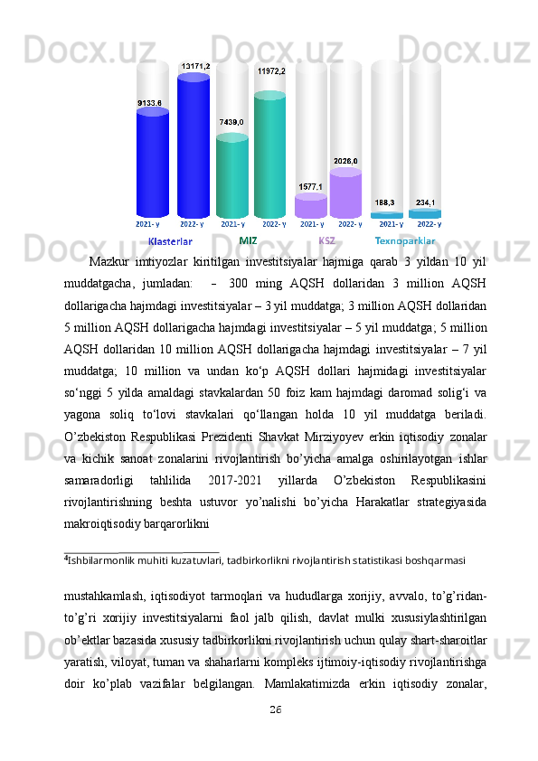 Mazkur   imtiyozlar   kiritilgan   investitsiyalar   hajmiga   qarab   3   yildan   10   yil
muddatgacha,   jumladan:     -   300   ming   AQSH   dollaridan   3   million   AQSH
dollarigacha hajmdagi   investitsiyalar – 3 yil muddatga;   3 million AQSH dollaridan
5 million AQSH dollarigacha hajmdagi   investitsiyalar – 5 yil muddatga;   5 million
AQSH   dollaridan   10   million   AQSH   dollarigacha   hajmdagi   investitsiyalar   –   7   yil
muddatga;   10   million   va   undan   ko‘p   AQSH   dollari   hajmidagi   investitsiyalar
so‘nggi   5   yilda   amaldagi   stavkalardan   50   foiz   kam   hajmdagi   daromad   solig‘i   va
yagona   soliq   to‘lovi   stavkalari   qo‘llangan   holda   10   yil   muddatga   beriladi.
O’zbekiston   Respublikasi   Prezidenti   Shavkat   Mirziyoyev   erkin   iqtisodiy   zonalar
va   kichik   sanoat   zonalarini   rivojlantirish   bo’yicha   amalga   oshirilayotgan   ishlar
samaradorligi   tahlilida   2017-2021   yillarda   O’zbekiston   Respublikasini
rivojlantirishning   beshta   ustuvor   yo’nalishi   bo’yicha   Harakatlar   strategiyasida
makroiqtisodiy barqarorlikni 
⁴ Ishbilarmonlik muhiti kuzatuvlari, tadbirkorlikni rivojlantirish statistikasi boshqarmasi
mustahkamlash,   iqtisodiyot   tarmoqlari   va   hududlarga   xorijiy,   avvalo,   to’g’ridan-
to’g’ri   xorijiy   investitsiyalarni   faol   jalb   qilish,   davlat   mulki   xususiylashtirilgan
ob’ektlar bazasida xususiy tadbirkorlikni rivojlantirish   uchun qulay shart-sharoitlar
yaratish, viloyat, tuman va shaharlarni kompleks   ijtimoiy-iqtisodiy rivojlantirishga
doir   ko’plab   vazifalar   belgilangan.   Mamlakatimizda   erkin   iqtisodiy   zonalar,
26 