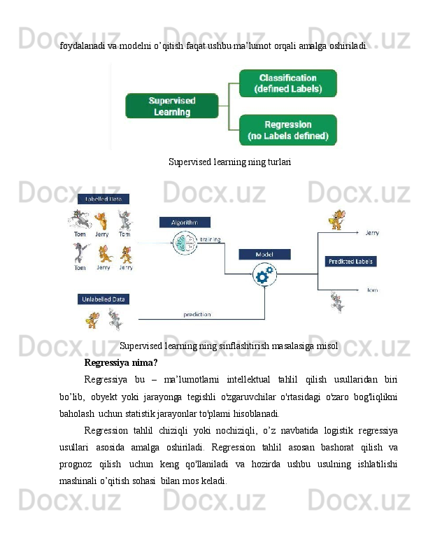 foydalanadi   va  modelni   o’qitish   faqat   ushbu   ma’lumot   orqali   amalga oshiriladi.
 Supervised   learning   ning   turlari
Supervised   learning   ning   sinflashtirish   masalasiga misol
Regressiya   nima?
Regressiya   bu   –   ma’lumotlarni   intellektual   tahlil   qilish   usullaridan   biri
bo’lib,   obyekt   yoki   jarayonga   tegishli   o'zgaruvchilar   o'rtasidagi   o'zaro   bog'liqlikni
baholash   uchun   statistik   jarayonlar to'plami   hisoblanadi.
Regression   tahlil   chiziqli   yoki   nochiziqli,   o’z   navbatida   logistik   regressiya
usullari   asosida   amalga   oshiriladi.   Regression   tahlil   asosan   bashorat   qilish   va
prognoz   qilish   uchun   keng   qo'llaniladi   va   hozirda   ushbu   usulning   ishlatilishi
mashinali   o’qitish   sohasi   bilan   mos   keladi. 