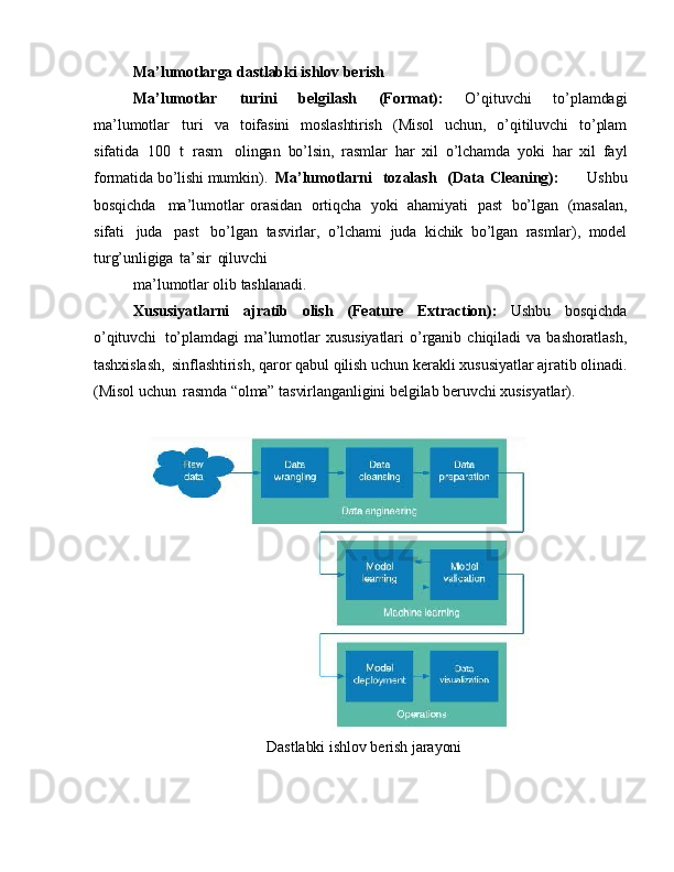 Ma’lumotlarga   dastlabki   ishlov   berish
Ma’lumotlar   turini   belgilash   (Format):   O’qituvchi   to’plamdagi
ma’lumotlar   turi   va   toifasini   moslashtirish   (Misol   uchun,   o’qitiluvchi   to’plam
sifatida   100   t   rasm   olingan   bo’lsin,   rasmlar   har   xil   o’lchamda   yoki   har   xil   fayl
formatida   bo’lishi   mumkin).   Ma’lumotlarni     tozalash     (Data Cleaning):     Ushbu
bosqichda     ma’lumotlar   orasidan     ortiqcha     yoki     ahamiyati     past     bo’lgan     (masalan,
sifati     juda     past     bo’lgan   tasvirlar,   o’lchami   juda   kichik   bo’lgan   rasmlar),   model
turg’unligiga   ta’sir   qiluvchi
ma’lumotlar   olib   tashlanadi.
Xususiyatlarni   ajratib   olish   (Feature   Extraction):   Ushbu   bosqichda
o’qituvchi   to’plamdagi   ma’lumotlar   xususiyatlari   o’rganib   chiqiladi   va   bashoratlash,
tashxislash,   sinflashtirish,   qaror   qabul   qilish   uchun   kerakli   xususiyatlar   ajratib   olinadi.
(Misol   uchun   rasmda   “olma”  tasvirlanganligini   belgilab   beruvchi   xusisyatlar).
  Dastlabki   ishlov   berish   jarayoni 