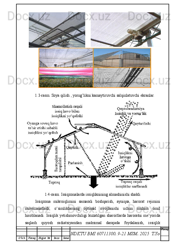 1.3-rasm.   Soya qilish , yorug’likni kamaytiruvchi salqinlatuvchi   ekranlar .
1.4-rasm .   Issiqxonalarda issiqliknining almashinishi shakli 
Issiqxona   mikroiqlimini   samarali   boshqarish,   ayniqsa,   harorat   rejimini
muvozanatlash,   o‘simliklarning   optimal   rivojlanishi   uchun   muhim   omil
hisoblanadi.  Issiqlik  yetishmovchiligi  kuzatilgan  sharoitlarda  haroratni  me’yorida
saqlash   quyosh   radiatsiyasidan   maksimal   darajada   foydalanish,   issiqlik
NDKTU BMI 60711300.  9-21 MSM . 2025  T.Yo Varoq
O‘lch Varaq Hujjat   № Imzo Sana   