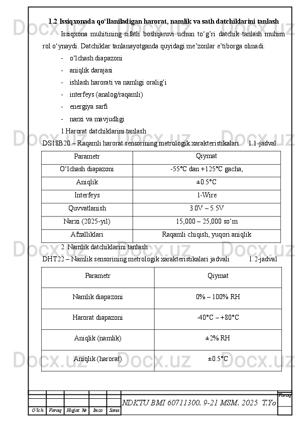 1.2   Issiqxonada qo‘llaniladigan harorat, namlik va sath datchiklarini tanlash
Issiqxona   muhitining   sifatli   boshqaruvi   uchun   to‘g’ri   datchik   tanlash   muhim
rol o‘ynaydi. Datchiklar tanlanayotganda quyidagi me ’ zonlar e’tiborga olinadi:
- o ‘lchash diapazoni
- a niqlik darajasi
- ishlash harorati va namligi oralig’i
- i nterfeys (analog/raqamli)
- e nergiya sarfi
- n arxi va mavjudligi
1 . Harorat datchiklarini tanlash
DS18B20  – Raqamli harorat sensorining metrologik xarakteristikalari      1.1-jadval
Parametr Qiymat
O‘lchash diapazoni -55°C dan +125°C gacha ,
Aniqlik ±0.5°C
Interfeys 1-Wire
Quvvatlanish 3.0V – 5.5V
Narxi (2025-yil)
15,000 – 25,000 so‘m
Afzalliklari Raqamli chiqish, yuqori aniqlik
2. Namlik datchiklarini tanlash
DHT22 – Namlik sensorining metrologik xarakteristikalari jadvali           1.2-jadval
Parametr Qiymat
Namlik diapazoni 0% – 100% RH
Harorat diapazoni -40°C – +80°C
Aniqlik (namlik) ±2% RH
Aniqlik (harorat) ±0.5°C
NDKTU BMI 60711300.  9-21 MSM . 2025  T.Yo Varoq
O‘lch Varaq Hujjat   № Imzo Sana 