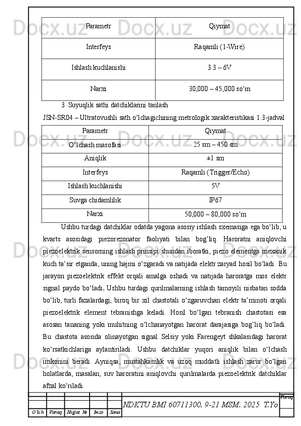 Parametr Qiymat
Interfeys Raqamli (1-Wire)
Ishlash kuchlanishi 3.3 – 6V
Narxi
30,000 – 45,000 so‘m
3. Suyuqlik sathi datchiklarini tanlash
JSN-SR04 – Ultratovushli sath o‘lchagichining metrologik xarakteristikasi 1.3-jadval
Parametr Qiymat
O‘lchash masofasi 25 sm – 450 sm
Aniqlik ±1 sm
Interfeys Raqamli (Trigger/Echo)
Ishlash kuchlanishi 5V
Suvga chidamlilik IP67
Narxi
50,000 – 80,000 so‘m
Ushbu turdagi datchiklar odatda yagona asosiy ishlash sxemasiga ega bo‘lib, u
kvarts   asosidagi   piezorezonator   faoliyati   bilan   bog’liq.   Haroratni   aniqlovchi
piezoelektrik sensorning ishlash prinsipi shundan iboratki, piezo elementga mexanik
kuch ta’sir etganda, uning hajmi o‘zgaradi va natijada elektr zaryad hosil bo‘ladi.  Bu
jarayon   piezoelektrik   effekt   orqali   amalga   oshadi   va   natijada   haroratga   mos   elektr
signal   paydo   bo‘ladi .   Ushbu   turdagi   qurilmalarning   ishlash   tamoyili   nisbatan   sodda
bo‘lib,  turli   fazalardagi,  biroq  bir  xil  chastotali   o‘zgaruvchan   elektr  ta’minoti   orqali
piezoelektrik   element   tebranishga   keladi.   Hosil   bo‘lgan   tebranish   chastotasi   esa
asosan   tananing   yoki   muhitning   o‘lchanayotgan   harorat   darajasiga   bog’liq   bo‘ladi.
Bu   chastota   asosida   olinayotgan   signal   Selsiy   yoki   Farengeyt   shkalasidagi   harorat
ko‘rsatkichlariga   aylantiriladi.   Ushbu   datchiklar   yuqori   aniqlik   bilan   o‘lchash
imkonini   beradi.   Ayniqsa,   mustahkamlik   va   uzoq   muddatli   ishlash   zarur   bo‘lgan
holatlarda,   masalan,   suv   haroratini   aniqlovchi   qurilmalarda   piezoelektrik   datchiklar
afzal ko‘riladi.
NDKTU BMI 60711300.  9-21 MSM . 2025  T.Yo Varoq
O‘lch Varaq Hujjat   № Imzo Sana 