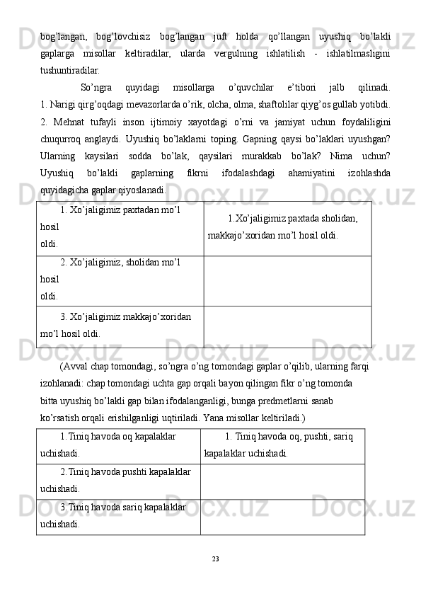 bog’langan,   bog’lovchisiz   bog’langan   juft   holda   qo’llangan   uyushiq   bo’lakli
gaplarga   misollar   keltiradilar,   ularda   vergulning   ishlatilish   -   ishlatilmasligini
tushuntiradilar.
      So’ngra   quyidagi   misollarga   o’quvchilar   e’tibori   jalb   qilinadi.
1. Narigi qirg’oqdagi mevazorlarda o’rik, olcha, olma, shaftolilar qiyg’os gullab yotibdi.
2.   Mehnat   tufayli   inson   ijtimoiy   xayotdagi   o’rni   va   jamiyat   uchun   foydaliligini
chuqurroq   anglaydi.   Uyushiq   bo’laklarni   toping.   Gapning   qaysi   bo’laklari   uyushgan?
Ularning   kaysilari   sodda   bo’lak,   qaysilari   murakkab   bo’lak?   Nima   uchun?
Uyushiq   bo’lakli   gaplarning   fikrni   ifodalashdagi   ahamiyatini   izohlashda
quyidagicha gaplar qiyoslanadi.
1. Xo’jaligimiz paxtadan mo’l 
hosil
oldi. 1.Xo’jaligimiz paxtada sholidan,
makkajo’xoridan mo’l hosil oldi.
2. Xo’jaligimiz, sholidan mo’l 
hosil
oldi.
3. Xo’jaligimiz makkajo’xoridan
mo’l hosil oldi.
(Avval chap tomondagi, so’ngra o’ng tomondagi gaplar o’qilib, ularning farqi
izohlanadi: chap tomondagi uchta gap orqali bayon qilingan fikr o’ng tomonda
bitta uyushiq bo’lakli gap bilan ifodalanganligi, bunga predmetlarni sanab
ko’rsatish orqali erishilganligi uqtiriladi. Yana misollar keltiriladi.)
1.Tiniq havoda oq kapalaklar
uchishadi. 1. Tiniq havoda oq, pushti, sariq
kapalaklar uchishadi.
2.Tiniq havoda pushti kapalaklar
uchishadi.
3.Tiniq havoda sariq kapalaklar
uchishadi.
  
23 