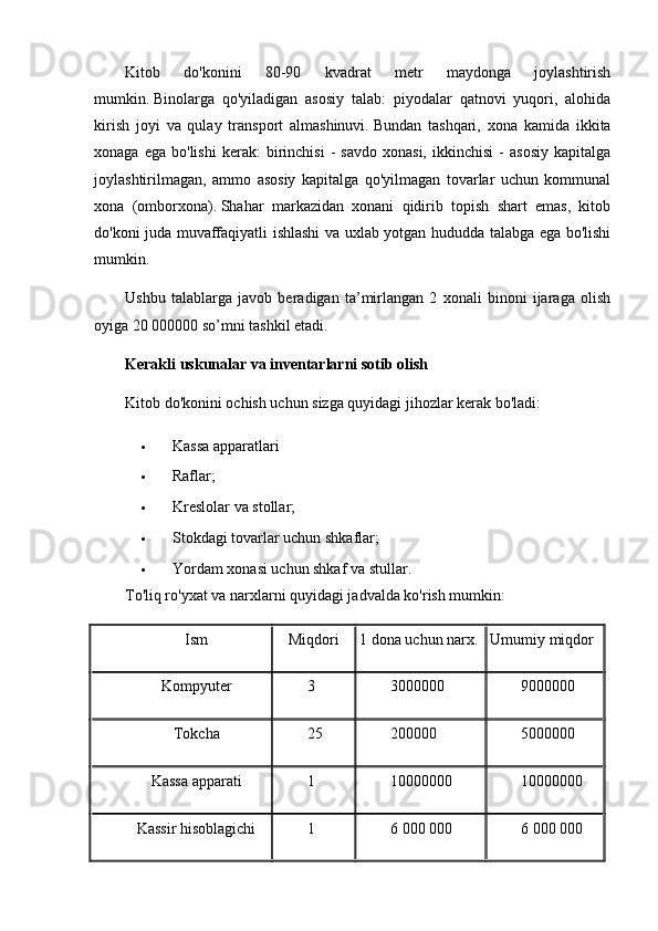 Kitob   do'konini   80-90   kvadrat   metr   maydonga   joylashtirish
mumkin.   Binolarga   qo'yiladigan   asosiy   talab:   piyodalar   qatnovi   yuqori,   alohida
kirish   joyi   va   qulay   transport   almashinuvi.   Bundan   tashqari,   xona   kamida   ikkita
xonaga   ega  bo'lishi   kerak:   birinchisi   -   savdo   xonasi,   ikkinchisi   -   asosiy   kapitalga
joylashtirilmagan,   ammo   asosiy   kapitalga   qo'yilmagan   tovarlar   uchun   kommunal
xona   (omborxona).   Shahar   markazidan   xonani   qidirib   topish   shart   emas,   kitob
do'koni juda muvaffaqiyatli ishlashi va uxlab yotgan hududda talabga ega bo'lishi
mumkin.
Ushbu   talablarga   javob   beradigan   ta’mirlangan   2   xonali   binoni   ijaraga   olish
oyiga 20 000000 so’mni tashkil etadi.  
Kerakli uskunalar va inventarlarni sotib olish
Kitob do'konini ochish uchun sizga quyidagi jihozlar kerak bo'ladi:
 Kassa apparatlari
 Raflar;
 Kreslolar va stollar;
 Stokdagi tovarlar uchun shkaflar;
 Yordam xonasi uchun shkaf va stullar.
To'liq ro'yxat va narxlarni quyidagi jadvalda ko'rish mumkin:
Ism Miqdori 1 dona uchun narx. Umumiy miqdor
Kompyuter 3 3000 000 9000 000
T okcha 25 200000 50 00 000
Kassa apparati 1 10000 000 10000000
Kassir hisoblagichi 1 6 000  000 6 000  000 