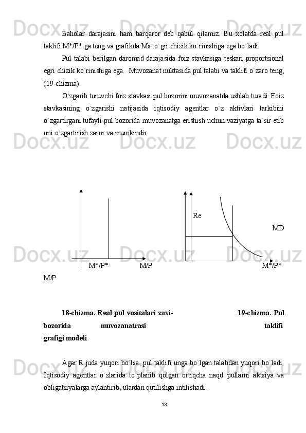 Baholar   darajasini   ham   barqaror   deb   qabul   qilamiz.   Bu   xolatda   real   pul
taklifi M*/P* ga teng va grafikda Ms to`gri chizik ko`rinishiga ega bo`ladi.
Pul talabi  berilgan daromad darajasida foiz stavkasiga  teskari  proportsional
egri chizik ko`rinishiga ega.   Muvozanat nuktasida pul talabi va taklifi o`zaro teng,
(19-chizma).
O`zgarib turuvchi foiz stavkasi pul bozorini muvozanatda ushlab turadi. Foiz
stavkasining   o`zgarishi   natijasida   iqtisodiy   agentlar   o`z   aktivlari   tarkibini
o`zgartirgani tufayli pul bozorida muvozanatga erishish uchun vaziyatga ta`sir etib
uni o`zgartirish zarur va mumkindir.
                                                                                                              
                          
                                                                          Re
                                                                                                                     MD
              M*/P*               M/P                                                     M*/P*
M/P                  
                                                                                                     
18 -chizma.  Real  pul   vositalari   zaxi-                                                   19 - chizma.  Pul
bozorida               muvozanatrasi                                                            taklifi
grafigi modeli
Agar R juda yuqori bo`lsa, pul taklifi unga bo`lgan talabdan yuqori bo`ladi.
Iqtisodiy   agentlar   o`zlarida   to`planib   qolgan   ortiqcha   naqd   pullarni   aktsiya   va
obligatsiyalarga aylantirib, ulardan qutilishga intilishadi.
13 