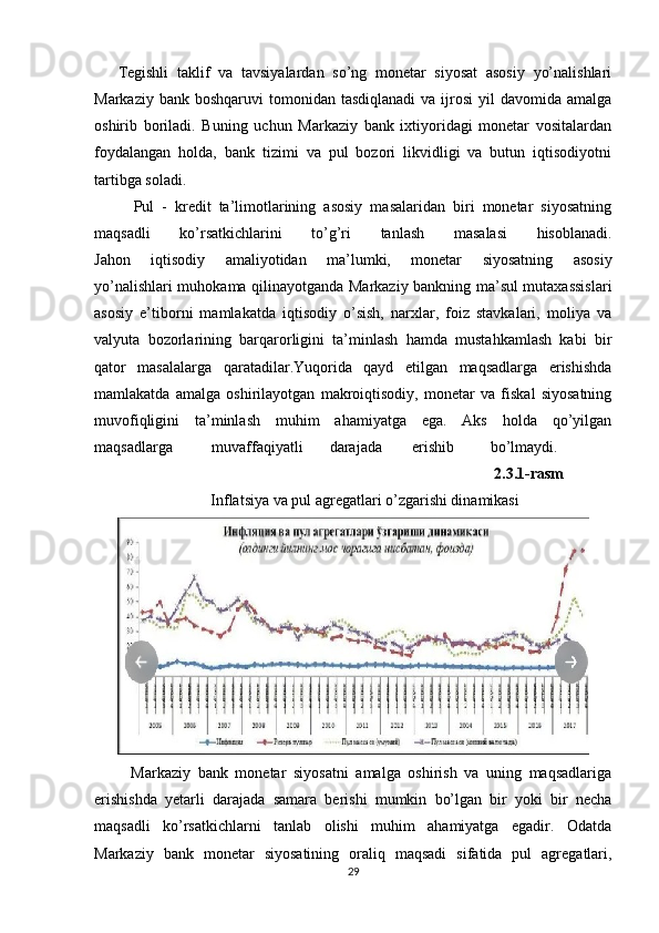 Tegishli   taklif   va   tavsiyalardan   so’ng   monetar   siyosat   asosiy   yo’nalishlari
Markaziy  bank boshqaruvi  tomonidan  tasdiqlanadi   va ijrosi   yil  davomida  amalga
oshirib   boriladi.   Buning   uchun   Markaziy   bank   ixtiyoridagi   monetar   vositalardan
foydalangan   holda,   bank   tizimi   va   pul   bozori   likvidligi   va   butun   iqtisodiyotni
tartibga soladi.
    Pul   -   kredit   ta’limotlarining   asosiy   masalaridan   biri   monetar   siyosatning
maqsadli   ko’rsatkichlarini   to’g’ri   tanlash   masalasi   hisoblanadi.
Jahon   iqtisodiy   amaliyotidan   ma’lumki,   monetar   siyosatning   asosiy
yo’nalishlari muhokama qilinayotganda Markaziy bankning ma’sul mutaxassislari
asosiy   e’tiborni   mamlakatda   iqtisodiy   o’sish,   narxlar,   foiz   stavkalari,   moliya   va
valyuta   bozorlarining   barqarorligini   ta’minlash   hamda   mustahkamlash   kabi   bir
qator   masalalarga   qaratadilar.Yuqorida   qayd   etilgan   maqsadlarga   erishishda
mamlakatda   amalga   oshirilayotgan   makroiqtisodiy,   monetar   va   fiskal   siyosatning
muvofiqligini   ta’minlash   muhim   ahamiyatga   ega.   Aks   holda   qo’yilgan
maqsadlarga   muvaffaqiyatli  darajada  erishib  bo’lmaydi.
                                                                                                 2.3.1-rasm  
Inflatsiya va pul agregatlari o’zgarishi dinamikasi
          Markaziy   bank   monetar   siyosatni   amalga   oshirish   va   uning   maqsadlariga
erishishda   yetarli   darajada   samara   berishi   mumkin   bo’lgan   bir   yoki   bir   necha
maqsadli   ko’rsatkichlarni   tanlab   olishi   muhim   ahamiyatga   egadir.   Odatda
Markaziy   bank   monetar   siyosatining   oraliq   maqsadi   sifatida   pul   agregatlari,
29