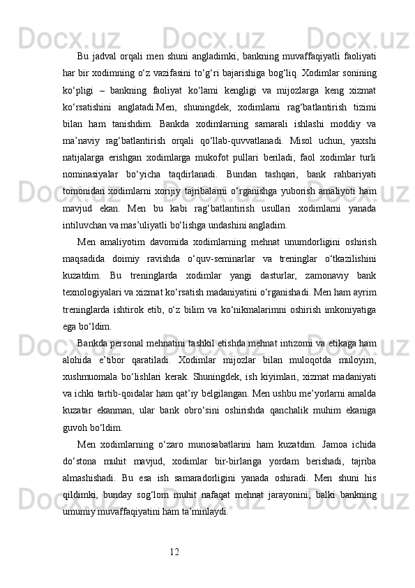 12Bu   jadval   orqali   men   shuni   angladimki,   bankning   muvaffaqiyatli   faoliyati
har bir xodimning o‘z vazifasini to‘g‘ri bajarishiga bog‘liq. Xodimlar sonining
ko‘pligi   –   bankning   faoliyat   ko‘lami   kengligi   va   mijozlarga   keng   xizmat
ko‘rsatishini   anglatadi.Men,   shuningdek,   xodimlarni   rag‘batlantirish   tizimi
bilan   ham   tanishdim.   Bankda   xodimlarning   samarali   ishlashi   moddiy   va
ma’naviy   rag‘batlantirish   orqali   qo‘llab-quvvatlanadi.   Misol   uchun,   yaxshi
natijalarga   erishgan   xodimlarga   mukofot   pullari   beriladi,   faol   xodimlar   turli
nominasiyalar   bo‘yicha   taqdirlanadi.   Bundan   tashqari,   bank   rahbariyati
tomonidan   xodimlarni   xorijiy   tajribalarni   o‘rganishga   yuborish   amaliyoti   ham
mavjud   ekan.   Men   bu   kabi   rag‘batlantirish   usullari   xodimlarni   yanada
intiluvchan va mas’uliyatli bo‘lishga undashini angladim.
Men   amaliyotim   davomida   xodimlarning   mehnat   unumdorligini   oshirish
maqsadida   doimiy   ravishda   o‘quv-seminarlar   va   treninglar   o‘tkazilishini
kuzatdim.   Bu   treninglarda   xodimlar   yangi   dasturlar,   zamonaviy   bank
texnologiyalari va xizmat ko‘rsatish madaniyatini o‘rganishadi. Men ham ayrim
treninglarda   ishtirok   etib,   o‘z   bilim   va   ko‘nikmalarimni   oshirish   imkoniyatiga
ega bo‘ldim.
Bankda personal mehnatini tashkil etishda mehnat intizomi va etikaga ham
alohida   e’tibor   qaratiladi.   Xodimlar   mijozlar   bilan   muloqotda   muloyim,
xushmuomala   bo‘lishlari   kerak.   Shuningdek,   ish   kiyimlari,   xizmat   madaniyati
va ichki tartib-qoidalar ham qat’iy belgilangan. Men ushbu me’yorlarni amalda
kuzatar   ekanman,   ular   bank   obro‘sini   oshirishda   qanchalik   muhim   ekaniga
guvoh bo‘ldim.
Men   xodimlarning   o‘zaro   munosabatlarini   ham   kuzatdim.   Jamoa   ichida
do‘stona   muhit   mavjud,   xodimlar   bir-birlariga   yordam   berishadi,   tajriba
almashishadi.   Bu   esa   ish   samaradorligini   yanada   oshiradi.   Men   shuni   his
qildimki,   bunday   sog‘lom   muhit   nafaqat   mehnat   jarayonini,   balki   bankning
umumiy muvaffaqiyatini ham ta’minlaydi. 