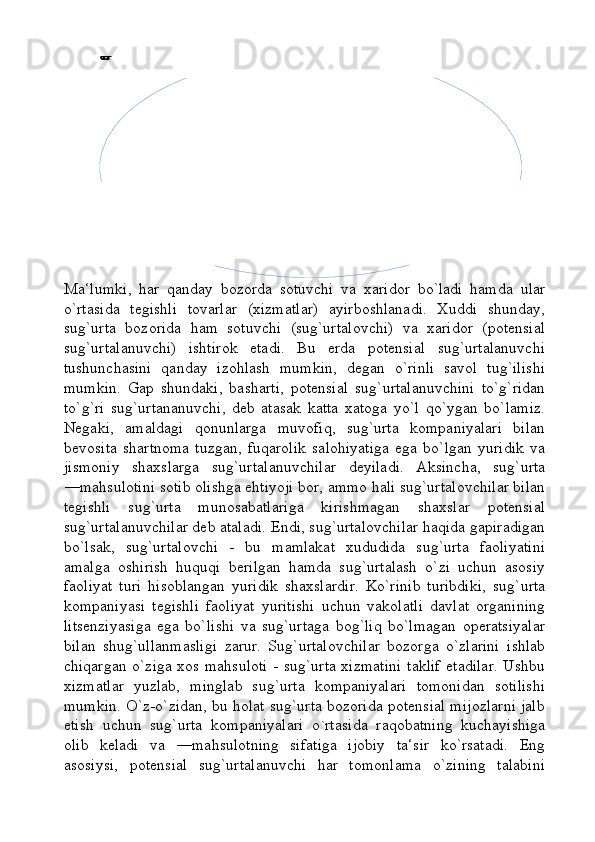 Ma‘lumki,   har   qanday   bozorda   sotuvchi   va   xaridor   bo`ladi   hamda   ular
o`rtasida   tegishli   tovarlar   (xizmatlar)   ayirboshlanadi.   Xuddi   shunday,
sug`urta   bozorida   ham   sotuvchi   (sug`urtalovchi)   va   xaridor   (potensial
sug`urtalanuvchi)   ishtirok   etadi.   Bu   erda   potensial   sug`urtalanuvchi
tushunchasini   qanday   izohlash   mumkin,   degan   o`rinli   savol   tug`ilishi
mumkin.   Gap   shundaki,   basharti,   potensial   sug`urtalanuvchini   to`g`ridan
to`g`ri   sug`urtananuvchi,   deb   atasak   katta   xatoga   yo`l   qo`ygan   bo`lamiz.
Negaki,   amaldagi   qonunlarga   muvofiq,   sug`urta   kompaniyalari   bilan
bevosita   shartnoma   tuzgan,   fuqarolik   salohiyatiga   ega   bo`lgan   yuridik   va
jismoniy   shaxslarga   sug`urtalanuvchilar   deyiladi.   Aksincha,   sug`urta
―mahsulotini sotib olishga ehtiyoji bor, ammo hali sug`urtalovchilar bilan
tegishli   sug`urta   munosabatlariga   kirishmagan   shaxslar   potensial
sug`urtalanuvchilar deb ataladi. Endi, sug`urtalovchilar haqida gapiradigan
bo`lsak,   sug`urtalovchi   -   bu   mamlakat   xududida   sug`urta   faoliyatini
amalga   oshirish   huquqi   berilgan   hamda   sug`urtalash   o`zi   uchun   asosiy
faoliyat   turi   hisoblangan   yuridik   shaxslardir.   Ko`rinib   turibdiki,   sug`urta
kompaniyasi   tegishli   faoliyat   yuritishi   uchun   vakolatli   davlat   organining
litsenziyasiga   ega   bo`lishi   va   sug`urtaga   bog`liq   bo`lmagan   operatsiyalar
bilan   shug`ullanmasligi   zarur.   Sug`urtalovchilar   bozorga   o`zlarini   ishlab
chiqargan o`ziga xos mahsuloti - sug`urta xizmatini taklif etadilar. Ushbu
xizmatlar   yuzlab,   minglab   sug`urta   kompaniyalari   tomonidan   sotilishi
mumkin. O`z-o`zidan, bu holat sug`urta bozorida potensial mijozlarni jalb
etish   uchun   sug`urta   kompaniyalari   o ` rtasida   raqobatning   kuchayishiga
olib   keladi   va   ―mahsulotning   sifatiga   ijobiy   ta‘sir   ko`rsatadi.   Eng
asosiysi,   potensial   sug`urtalanuvchi   har   tomonlama   o`zining   talabiniSug`urta fondini tashkil etish bilan bog`liq funksiya Sug`urta fondidan foydalanish bilan bog`liq funksiya Nazorat funksiyasi 