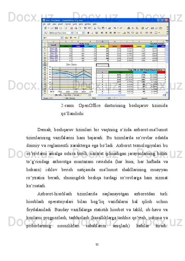 2-rasm.   OpenOffice   dasturining   boshqaruv   tizimida
qo’llanilishi
Demak,   boshqaruv   tizimlari   bir   vaqtning   o’zida   axborot-ma’lumot
tizimlarining   vazifalarini   ham   bajaradi.   Bu   tizimlarda   so’rovlar   odatda
doimiy   va   reglamentli   xarakterga   ega   bo’ladi.   Axborot   texnologiyalari   bu
so’rovlarni   amalga   oshira   borib,   nazorat   qilinadigan   jarayonlarning   holati
to’g’risidagi   axborotga   muntazam   ravishda   (har   kuni,   har   haftada   va
hokazo)   ishlov   berish   natijasida   ma’lumot   shakllarining   muayyan
ro’yxatini   beradi,   shuningdek   boshqa   turdagi   so’rovlarga   ham   xizmat
ko’rsatadi.
Axborot-hisoblash   tizimlarida   saqlanayotgan   axborotdan   turli
hisoblash   operatsiyalari   bilan   bog’liq   vazifalarni   hal   qilish   uchun
foydalaniladi.   Bunday   vazifalarga   statistik   hisobot   va   tahlil,   ob-havo   va
konlarni prognozlash, tashhislash (kasalliklarga tashhis qo’yish, uskuna va
priborlarning   nosozliklari   sabablarini   aniqlash)   kabilar   kiradi.
15 