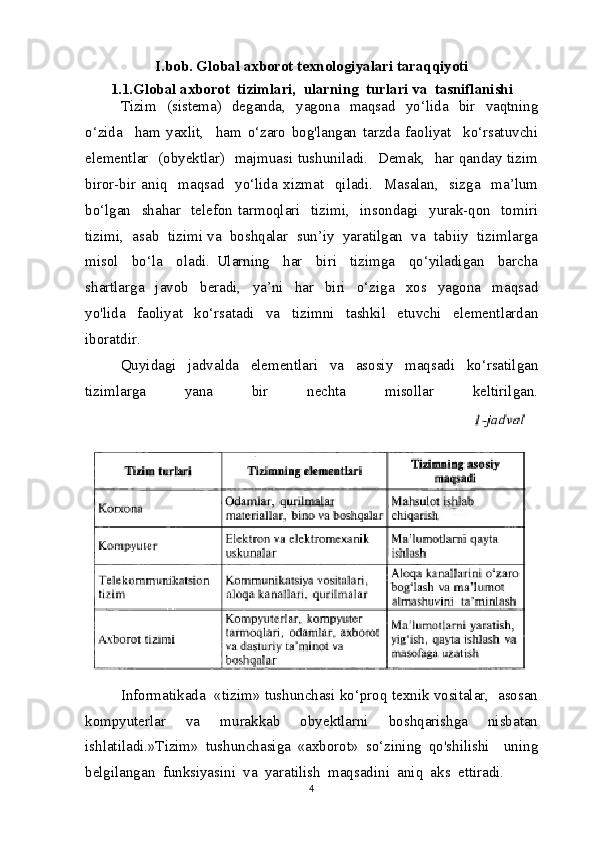 I.bob. Global axborot texnologiyalari taraqqiyoti
1.1.Global axborot  tizimlari,  ularning  turlari va  tasniflanishi
Tizim   (sistema)   deganda,   yagona   maqsad   yo‘lida   bir   vaqtning
o‘zida     ham   yaxlit,     ham   o‘zaro   bog'langan   tarzda   faoliyat     ko‘rsatuvchi
elementlar   (obyektlar)   majmuasi tushuniladi.   Demak,   har qanday tizim
biror-bir   aniq     maqsad     yo‘lida   xizmat     qiladi.     Masalan,     sizga     ma’lum
bo‘lgan    shahar    telefon  tarmoqlari    tizimi,    insondagi    yurak-qon    tomiri
tizimi,  asab  tizimi va  boshqalar  sun’iy  yaratilgan  va  tabiiy  tizimlarga
misol     bo‘la     oladi.   Ularning     har     biri     tizimga     qo‘yiladigan     barcha
shartlarga     javob     beradi,     ya’ni     har     biri     o‘ziga     xos     yagona     maqsad
yo'lida     faoliyat     ko‘rsatadi     va     tizimni     tashkil     etuvchi     elementlardan
iboratdir.
Quyidagi   jadvalda   elementlari   va   asosiy   maqsadi   ko‘rsatilgan
tizimlarga     yana     bir     nechta     misollar     keltirilgan.
 
Informatikada  «tizim» tushunchasi ko‘proq texnik vositalar,  asosan
kompyuterlar     va     murakkab     obyektlarni     boshqarishga     nisbatan
ishlatiladi.»Tizim»   tushunchasiga   «axborot»   so‘zining   qo'shilishi     uning
belgilangan  funksiyasini  va  yaratilish  maqsadini  aniq  aks  ettiradi.
4 