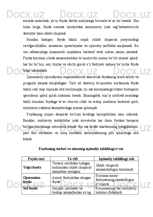 asosida undiriladi, ya’ni foyda davlat moliyasiga bevosita ta’sir ko‘rsatadi. Shu
bilan   birga,   foyda   asosida   byudjetdan   sarmoyaviy   yoki   rag‘batlantiruvchi
dasturlar ham ishlab chiqiladi.
Bundan   tashqari,   foyda   tahlili   orqali   ishlab   chiqarish   jarayonidagi
isrofgarchiliklar,   samarasiz   operatsiyalar   va   iqtisodiy   zaifliklar   aniqlanadi.   Bu
esa   rahbariyatga   muammoli   nuqtalarni   bartaraf   etish   uchun   zamin   yaratadi.
Foyda korxona ichida samaradorlikni ta’minlovchi mezon bo‘lib xizmat qiladi:
har bir bo‘lim, sex, loyiha va ishchi guruh o‘z faoliyati natijasi bo‘yicha foyda
bilan baholanadi.
Zamonaviy iqtisodiyotni raqamlashtirish sharoitida foydaning hisob-kitobi va
prognozi   yanada   aniqlashgan.   Turli   xil   dasturiy   ta’minotlar   yordamida   foyda
tahlili real vaqt rejimida olib borilmoqda, bu esa korxonalarga tezkor boshqaruv
qarorlarini qabul qilish imkonini beradi. Shuningdek, sun’iy intellekt asosidagi
tahlil   tizimlari   foydaga   ta’sir   etuvchi   ichki   va   tashqi   omillarni   bashorat   qilib,
moliyaviy risklarni kamaytirishga xizmat qilmoqda.
Foydaning   yuqori   darajada   bo‘lishi   kreditga   layoqatlilikni   ham   oshiradi.
Banklar,   moliyaviy   tashkilotlar   yoki   investorlar   har   doim   foydasi   barqaror
bo‘lgan korxonaga ustuvorlik beradi. Bu esa kredit shartlarining yengillashuvi,
past   foiz   stavkalari   va   uzoq   muddatli   sarmoyalarning   jalb   qilinishiga   olib
keladi.
Foydaning turlari va ularning iqtisodiy tahlildagi o‘rni
Foyda turi Ta’rifi Iqtisodiy tahlildagi roli
Yalpi foyda Tovarni sotishdan tushgan 
tushumdan ishlab chiqarish 
xarajatlari ayrilgani Ishlab chiqarish 
samaradorligini baholaydi
Operatsion 
foyda Asosiy faoliyatdan olingan 
foyda Korxona asosiy 
faoliyatining rentabelligini 
o‘lchaydi
Sof foyda Soliqlar, jarimalar va 
boshqa xarajatlardan so‘ng  Korxonaning real moliyaviy
holatini ifodalaydi 