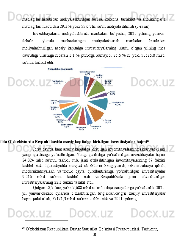 31mablag’lar   hisobidan   moliyalashtirilgan   bo’lsa,   korxona,   tashkilot   va   aholining   o’z
mablag’lari   hisobidan   29,3 %   yoki 55,6   trln.   so’m   moliyalashtirildi   (3-rasm).
Investitsiyalarni   moliyalashtirish   manbalari   bo’yicha,   2021   yilning   yanvar-
dekabr   oylarida   markazlashgan   moliyalashtirish   manbalari   hisobidan
moliyalashtirilgan   asosiy   kapitalga   investitsiyalarning   ulushi   o’tgan   yilning   mos
davridagi   ulushiga   nibatan   3,1   %   punktga   kamayib,   26,6   %   ni   yoki   50686,8   mlrd.
so’mni tashkil   etdi.
3-rasm. 2021 yilda O’zbekistonda Respublikasida asosiy kapitalga kiritilgan   investitsiyalar   hajmi 10
Joriy davrda ham asosiy kapitalga kiritilgan investitsiyalarning aksariyat qismi
yangi   qurilishga   yo‘naltirilgan.   Yangi   qurilishga   yo‘naltirilgan   investitsiyalar   hajmi
24,324   mlrd   so‘mni   tashkil   etib,   jami   o‘zlashtirilgan   investitsiyalarning   59   foizini
tashkil   etdi.   Iqtisodiyotda   mavjud   ob’ektlarni   kengaytirish,   rekonstruksiya   qilish,
modernizatsiyalash   va   texnik   qayta   qurollantirishga   yo‘naltirilgan   investitsiyalar
9,216   mlrd   so‘mni   tashkil   etdi   va   Respublikada   jami   o‘zlashtirilgan
investitsiyalarning 22,3 foizini tashkil etdi. 
Qolgan 18,7 foiz, ya’ni 7,688 mlrd so‘m boshqa xarajatlarga yo‘naltirildi  2021-
yil   yanvar-dekabr   oylarida   o’zlashtirilgan   to’g’ridan-to’g’ri   xorijiy   investitsiyalar
hajmi   jadal   o’sib,   37171,3   mlrd.   so’mni tashkil   etdi va   2021-   yilning
10
  O’zbekiston   Respublikasi   Davlat   Statistika   Qo’mitasi   Press-relizlari,   Toshkent,   