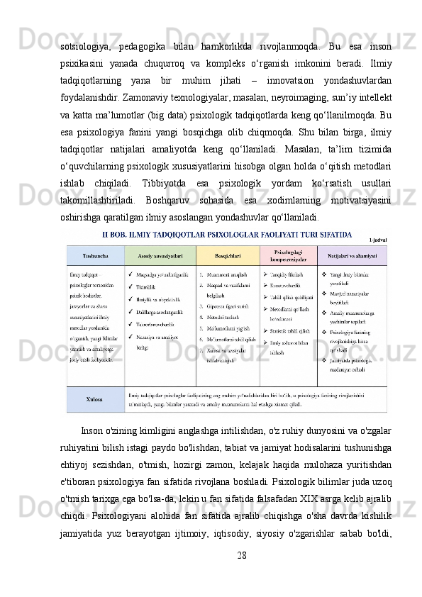 sotsiologiya,   pedagogika   bilan   hamkorlikda   rivojlanmoqda.   Bu   esa   inson
psixikasini   yanada   chuqurroq   va   kompleks   o‘rganish   imkonini   beradi.   Ilmiy
tadqiqotlarning   yana   bir   muhim   jihati   –   innovatsion   yondashuvlardan
foydalanishdir. Zamonaviy texnologiyalar, masalan, neyroimaging, sun’iy intellekt
va katta ma’lumotlar (big data) psixologik tadqiqotlarda keng qo‘llanilmoqda. Bu
esa   psixologiya   fanini   yangi   bosqichga   olib   chiqmoqda.   Shu   bilan   birga,   ilmiy
tadqiqotlar   natijalari   amaliyotda   keng   qo‘llaniladi.   Masalan,   ta’lim   tizimida
o‘quvchilarning psixologik xususiyatlarini  hisobga olgan holda  o‘qitish metodlari
ishlab   chiqiladi.   Tibbiyotda   esa   psixologik   yordam   ko‘rsatish   usullari
takomillashtiriladi.   Boshqaruv   sohasida   esa   xodimlarning   motivatsiyasini
oshirishga qaratilgan ilmiy asoslangan yondashuvlar qo‘llaniladi.
Inson o'zining kimligini anglashga intilishdan, o'z ruhiy dunyosini va o'zgalar
ruhiyatini bilish istagi paydo bo'lishdan, tabiat va jamiyat hodisalarini tushunishga
ehtiyoj   sezishdan,   o'tmish,   hozirgi   zamon,   kelajak   haqida   mulohaza   yuritishdan
e'tiboran psixologiya fan sifatida rivojlana boshladi. Psixologik bilimlar juda uzoq
o'tmish tarixga ega bo'lsa-da, lekin u fan sifatida falsafadan XIX asrga kelib ajralib
chiqdi.   Psixologiyani   alohida   fan   sifatida   ajralib   chiqishga   o'sha   davrda   kishilik
jamiyatida   yuz   berayotgan   ijtimoiy,   iqtisodiy,   siyosiy   o'zgarishlar   sabab   bo'ldi,
28 