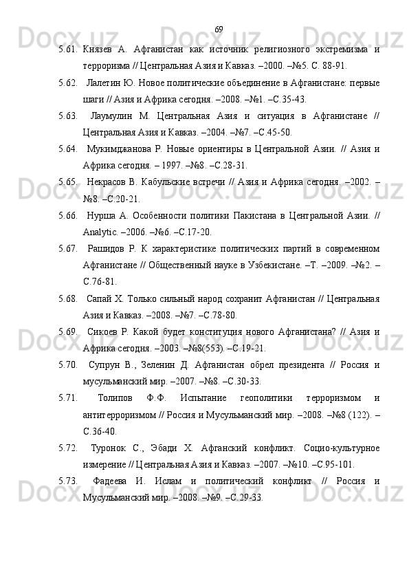69
5.61. Князев   А.   Афганистан   как   источник   религиозного   экстремизма   и
терроризма // Центральная Азия и Кавказ .  –2000 .  –№5. С. 88-91. 
5.62.   Лалетин Ю. Новое политические объединение в Афганистане: первые
шаги // Азия и Африка сегодня .  –2008 .  –№1. –С.35 -43 . 
5.63.   Лаумулин   М.   Центральная   Азия   и   ситуация   в   Афганистане   //
Центральная Азия и Кавказ .  –2004 .  –№7. –С.45-50. 
5.64.   Мукимджанова   Р.   Новые   ориентиры   в   Центральной   Азии.   //   Азия   и
Африка сегодня. – 1997.   –№8 .  – С.28-31.
5.65.   Некрасов   В.   Кабульские   встречи   //   Азия   и   Африка   сегодня .   –2002 .   –
№8.   –С.20-21. 
5.66.   Нурша   А.   Особенности   политики   Пакистана   в   Центральной   Азии.   //
Analytic .  –2006 .  –№6 .  – С.17-20.
5.67.   Рашидов   Р.   К   характеристике   политических   партий   в   современном
Афганистане // Общественный науке в Узбекистане .   – Т.   –2009 .   –№2. –
С.76-81.
5.68.   Сапай Х. Только сильный народ сохранит Афганистан // Центральная
Азия и Кавказ .  –2008 .  –№7. –С.78-80. 
5.69.   Сикоев   Р.   Какой   будет   конституция   нового   Афганистана?   //   Азия   и
Африка сегодня .  –2003 .  –№8(553). –С.19-21. 
5.70.   Супрун   В.,   Зеленин   Д.   Афганистан   обрел   президента   //   Россия   и
мусульманский мир .  –2007 .  –№8. –С.30-33. 
5.71.   Толипов   Ф.Ф.   Испытание   геополитики   терроризмом   и
антитерроризмом // Россия и Мусульманский мир .   –2008 .   –№8 (122). –
С.36-40.
5.72.   Туронок   С.,   Эбади   Х.   Афганский   конфликт.   Социо-культурное
измерение // Центральная Азия и Кавказ .  –2007 .  –№10. –С.95-101. 
5.73.   Фадеева   И.   Ислам   и   политический   конфликт   //   Россия   и
Мусульманский мир .  –2008 .  –№9. –С.29-33.  