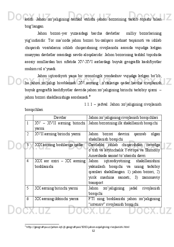 keldi.   Jahon   xo‘jaligining   tashkil   etilishi   jahon   bozorining   tarkib   topishi   bilan
bog‘langan.
Jahon   bozori-yer   yuzasidagi   barcha   davlatlar     milliy   bozorlarining
yig‘indisidir.   Tor   ma’noda   jahon   bozori   bu-xalqaro   mehnat   taqsimoti   va   ishlab
chiqarish   vositalarini   ishlab   chiqarishning   rivojlanishi   asosida   vujudga   kelgan
muayyan davlatlar orasidagi savdo aloqalaridir. Jahon bozorining tashkil topishida
asosiy   omillardan   biri   sifatida   XV-XVI   asrlardagi   buyuk   geografik   kashfiyotlar
muhim rol o‘ynadi.
Jahon   iqtisodiyoti   yana   bir   xronologik   yondashuv   vujudga   kelgan   bo‘lib,
bu   jahon   xo‘jaligi   hisoblanadi.   XV   asrning     o‘rtalariga   qadar   barcha   rivojlanish
buyuk geografik kashfiyotlar davrida jahon xo‘jaligining birinchi tarkibiy qismi  –
jahon bozori shakllanishiga asoslanadi. 9
                                                            1.1.1   –   jadval.   Jahon   xo’jaligining   rivojlanish
bosqichlari.
Davrlar Jahon xo’jaligining rivojlanish bosqichlari
1 XV   –   XVII   asrning   birinchi
yarmi Jahon bozorining ilk shakillanish bosqichi
2 XVII asrning birinchi yarmi Jahon   bozori   davrini   qamrab   olgan
shakillanish bosqichi
3 XIX asrning boshlariga qadar Dastlabki   ishlab   chiqarishdan   zavodga
o’tish va keyinchalik Yevropa va Shimoliy
Amerikada sanoat to’ntarishi davri
4 XIX   asr   oxiri   –   XX   asrning
boshlanishi Jahon   iqtisodiyotining   shakillanishini
yakunlash   bosqichi   va   uning   tarkibiy
qismlari   shakillangan.   1)   jahon   bozori;   2)
yirik   mashina   sanoati;   3)   zamonaviy
transport
5 XX asrning birinchi yarmi Jahon   xo’jaligining   jadal   rivojlanish
bosqichi
6 XX asrning ikkinchi yarmi FTI   ning   boshlanishi   jahon   xo’jaligining
“intensiv” rivojlanish bosqichi. 
9
 http://geografiya.uz/jahon-iqt-ijt-geografiyasi/1013-jahon-xojaligining-rivojlanishi.html
12 