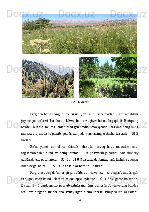 2.2   1-  rasm .
Farg’ona botig’ining iqlimi quruq, yozi issiq, qishi  mo’tadil, shu kenglikda
joylashgan qo’shni Toshkent – Mirzacho’l okrugidan bir oz farq qiladi. Botiqning
atrofini   o’rab   olgan   tog’lardan   esadigan   sovuq   havo   qishda   Farg’ona   botig’ining
markaziy   qismida   to’planib   qoladi,   natijada   yanvarning   o’rtacha   harorati   –   30   S
bo’ladi.
Ba’zi   yillari   shimol   va   shimoli-   sharqdan   sovuq   havo   massalari   esib,
tog’lardan oshib o’tadi  va botiq haroratini  juda pasaytirib yuboradi.   Ana shunday
paytlarda eng past harorat – 30. 0 , - 31.0 S ga tushadi. Ammo qish faslida sovuqlar
bilan birga, ba’zan + 15. 0 S issiq kunlar ham bo’lib turadi.
Farg’ona botig’da bahor qisqa bo’lib, ob – havo tez –tez o’zgarib turadi, goh
isib, goh sovib ketadi. Harorat ba’zan aprel oylarida + 27, + 36 S gacha ko’tarilib.
Ba’zan-3 – 5 gardusgacha pasayib ketishi mumkin. Bahorda ob –havoning bunday
tez   –tez   o’zgarib   turishi   erta   gullaydigan   o’simliklarga   salbiy   ta’sir   ko’rsatadi.
21 