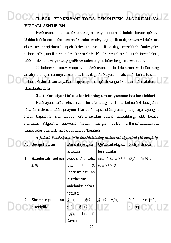 II   BOB.   FUNKSIYANI   TO'LA   TEKSHIRISH   ALGORITMI   VA
VIZUALLASHTIRISH
Funksiyani   to‘la   tekshirishning   nazariy   asoslari   I   bobda   bayon   qilindi.
Ushbu bobda esa o‘sha nazariy bilimlar amaliyotga qo‘llanilib, umumiy tekshirish
algoritmi   bosqichma-bosqich   keltiriladi   va   turli   xildagi   murakkab   funksiyalar
uchun   to‘liq   tahlil   namunalari   ko‘rsatiladi.   Har   bir   misol   hisob-kitob   formulalari,
tahlil jadvallari va yakuniy grafik vizualizatsiyasi bilan birga taqdim etiladi.
II   bobning   asosiy   maqsadi   -   funksiyani   to‘la   tekshirish   metodlarining
amaliy tatbiqini namoyish etish, turli turdagi funksiyalar - ratsional, ko’rsatkichli -
uchun tekshirish xususiyatlarini qiyosiy tahlil qilish va grafik tasvirlash malakasini
shakllantirishdir.
2.1-§. Funksiyani to‘la tekshirishning umumiy sxemasi va bosqichlari
Funksiyani   to‘la   tekshirish   -   bu   o‘z   ichiga   9–10   ta   ketma-ket   bosqichni
oluvchi sistemali tahlil jarayoni. Har bir bosqich oldingisining natijasiga tayangan
holda   bajariladi,   shu   sababli   ketma-ketlikni   buzish   xatoliklarga   olib   kelishi
mumkin.   Algoritm   universal   tarzda   tuzilgan   bo'lib,   differentsiallanuvchi
funksiyalarning turli sinflari uchun qo‘llaniladi.
4-jadval. Funksiyani to‘la tekshirishning universal algoritmi (10 bosqich)
№ Bosqich nomi Bajarilayotgan
amallar Qo‘llaniladigan
formulalar Natija shakli
1 Aniqlanish   sohasi
D(f) Maxraj  ≠ 0 ; ildiz
osti   ≥   0 ;
logorifm   osti   >0
shartlaridan
aniqlanish sohasi
topiladi g(x)   ≠   0;   h(x)   ≥
0; u(x) > 0 D(f) = (a;b)∪ ...
2 Simmetriya   va
davriylik f(−x)   =   f(x)   -
juft;   f(−x)   =
−f(x)   -   toq;   T -
davriy f(−x) = ±f(x) Juft-toq   na   juft,
na toq
22 