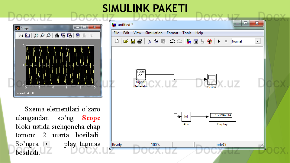 SIMULINK PAKETI
        Sxema  elementlari  o’zaro 
ulangandan  so’ng  Scope 
bloki ustida sichqoncha chap 
tomoni  2  marta  bosiladi. 
So’ngra                  play  tugmas 
bosiladi.                 