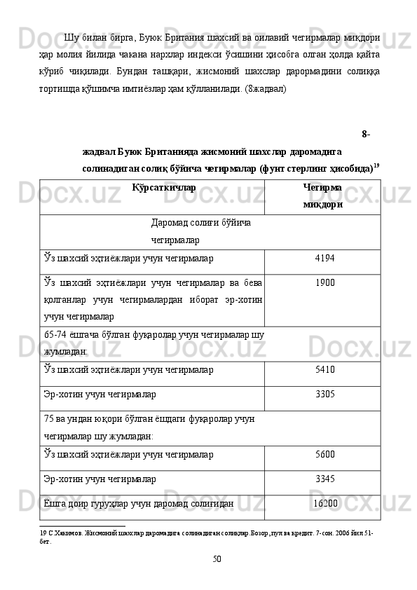 Шу билан бирга, Буюк Британия шахсий ва оилавий чегирмалар миқдори
ҳар молия  йилида  чакана  нархлар  индекси  ўсишини ҳисобга  олган  ҳолда қайта
кўриб   чиқилади.   Бундан   ташқари,   жисмоний   шахслар   дарормадини   солиққа
тортишда қўшимча имтиёзлар ҳам қўлланилади. (8жадвал)  
8-
жадвал Буюк Британияда жисмоний шахслар даромадига 
солинадиган солиқ бўйича чегирмалар (фунт стерлинг ҳисобида) 19
 
Кўрсаткичлар  Чегирма 
миқдори 
Даромад солиғи бўйича 
чегирмалар 
Ўз шахсий эҳтиёжлари учун чегирмалар  4194 
Ўз   шахсий   эҳтиёжлари   учун   чегирмалар   ва   бева
қолганлар   учун   чегирмалардан   иборат   эр-хотин
учун чегирмалар  1900 
65-74 ёшгача бўлган фуқаролар учун чегирмалар шу 
жумладан: 
Ўз шахсий эҳтиёжлари учун чегирмалар  5410 
Эр-хотин учун чегирмалар  3305 
75 ва ундан юқори бўлган ёшдаги фуқаролар учун 
чегирмалар шу жумладан: 
Ўз шахсий эҳтиёжлари учун чегирмалар  5600 
Эр-хотин учун чегирмалар  3345 
Ёшга доир гуруҳлар учун даромад солиғидан  16200 
19  С.Хакимов. Жисмоний шахслар даромадига солинадиган солиқлар.Бозор, пул ва кредит. 7-сон. 2006 йил 51-
бет. 
  50