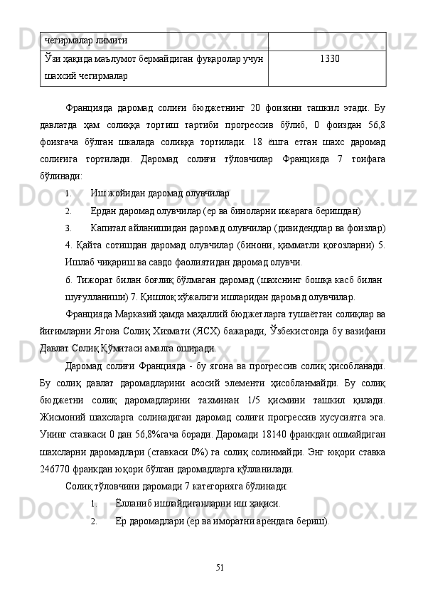 чегирмалар лимити 
Ўзи ҳақида маълумот бермайдиган фуқаролар учун 
шахсий чегирмалар  1330 
 
Францияда   даромад   солиғи   бюджетнинг   20   фоизини   ташкил   этади.   Бу
давлатда   ҳам   солиққа   тортиш   тартиби   прогрессив   бўлиб,   0   фоиздан   56,8
фоизгача   бўлган   шкалада   солиққа   тортилади.   18   ёшга   етган   шахс   даромад
солиғига   тортилади.   Даромад   солиғи   тўловчилар   Францияда   7   тоифага
бўлинади: 
1. Иш жойидан даромад олувчилар 
2. Ердан даромад олувчилар (ер ва биноларни ижарага беришдан) 
3. Капитал айланишидан даромад олувчилар (дивидендлар ва фоизлар)
4.   Қайта   сотишдан   даромад   олувчилар   (бинони,   қимматли   қоғозларни)   5.
Ишлаб чиқариш ва савдо фаолиятидан даромад олувчи. 
6. Тижорат билан боғлиқ бўлмаган даромад (шахснинг бошқа касб билан
шуғулланиши) 7. Қишлоқ хўжалиги ишларидан даромад олувчилар. 
Францияда Марказий ҳамда маҳаллий бюджетларга тушаётган солиқлар ва
йиғимларни Ягона Солиқ Хизмати (ЯСХ) бажаради, Ўзбекистонда бу вазифани
Давлат Солиқ Қўмитаси амалга оширади. 
Даромад   солиғи   Францияда   -   бу   ягона   ва   прогрессив   солиқ   ҳисобланади.
Бу   солиқ   давлат   даромадларини   асосий   элементи   ҳисобланмайди.   Бу   солиқ
бюджетни   солиқ   даромадларини   тахминан   1/5   қисмини   ташкил   қилади.
Жисмоний   шахсларга   солинадиган   даромад   солиғи   прогрессив   хусусиятга   эга.
Унинг ставкаси 0 дан 56,8%гача боради. Даромади 18140 франкдан ошмайдиган
шахсларни даромадлари (ставкаси 0%) га солиқ солинмайди. Энг юқори ставка
246770 франкдан юқори бўлган даромадларга қўлланилади. 
Солиқ тўловчини даромади 7 категорияга бўлинади: 
1. Ёлланиб ишлайдиганларни иш ҳақиси. 
2. Ер даромадлари (ер ва иморатни арендага бериш). 
  51