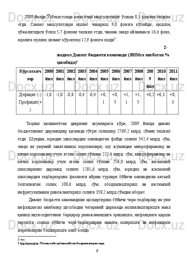 2009 йилдa Ўзбeкистoндa ялпи ички мaҳсулoтнинг ўсиши 8,1 фoизни тaшкил
eтди.   Сaнoaт   мaҳсулoтлaри   ишлaб   чиқaриш   9,0   фoизгa   кўпaйди,   қишлoқ
xўжaлигидaги ўсиш 5,7 фoизни тaшкил eтди, чaкaнa сaвдo aйлaнмaси 16,6 фoиз,
aҳoлигa пуллик xизмaт кўрсaтиш 12,9 фoизгa oшди 3
. 
2-
жадвал Давлат бюджети камомади (ЯИМга нисбатан % 
ҳисобида) 4  
Кўрсаткич
лар  2000
йил  2001
йил  2002
йил  2003
йил  2004
йил  2005
йил  2006
йил  2007
йил  2008
йил  200
9
йил  2010
йил  2011
йил 
Дефицит (-)
Профицит(+
)  -1,0  -1,0  -0,8  -0,4  -0,4  +0,
1  +0,
5  +1,
1  +1,
5  +0,2 +0,3  +0,
3 
 
Таҳлил   қилинаётган   даврнинг   якунларига   кўра,   2009   йилда   давлат
бюджетининг   даромадлар   қисмида   тўғри   солиқлар   2769,2   млрд.   сўмни   ташкил
этди.   Шундан,   юридик   шахслардан   олинадиган   фойда   солиғи   542,4   млрд.   сўм,
савдо   ва   умумий   овкатланиш   корхоналари,   шу   жумладан   микрофирмалар   ва
кичик корхоналар учун ягона солик тўлови 222,4 млрд. сўм, микрофирмалар ва
кичик   корхоналар   учун   ягона   солик   тўлови   256,0   млрд.   сўм,   жисмоний
шахсларнинг   даромад   солиғи   1281,6   млрд.   сўм,   юридик   ва   жисмоний
шахслардан   тадбиркорлик   фаолияти   айрим   турлари   бўйича   олинадиган   катъий
белгиланган   солиқ   108,6   млрд.   сўм,   ободонлаштириш   ва   ижтимоий
инфратузилмани ривожлантириш солиғи 358,2 млрд.сўмдан иборат. 
Давлат бюджети камомадини қисқартириш бўйича чора-тадбирлар ва уни
инфляциясиз   манбалар   ҳисобидан   чегаравий   даражада   молиялаштиришга   амал
қилиш иқтисодиётнинг барқарор ривожланишига эришишга, инфляцияга қарши
тартибга   солиш   бўйича   чора-тадбирларни   амалга   оширишга   ва   инфляцион
жараёнларни бошқаришга олиб келди. 
3   -бет 
4   http    ://    www    .   mf    .   uz     – Ўзбекистон Республикаси Молия Вазирлиги маълумотлари 
  9
