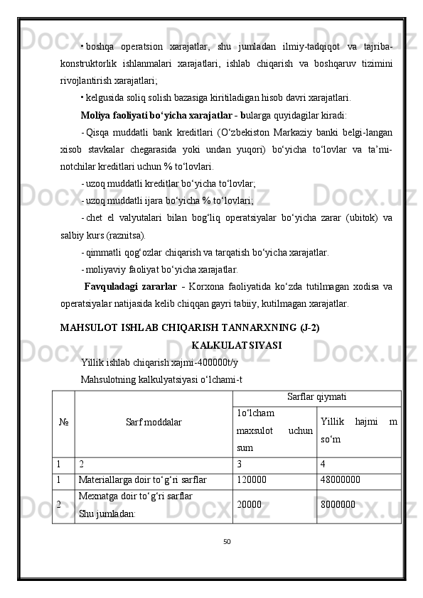 • boshqa   operatsion   xarajatlar,   shu   jumladan   ilmiy-tadqiqot   va   tajriba-
konstruktorlik   ishlanmalari   xarajatlari,   ishlab   chiqarish   va   boshqaruv   tizimini
rivojlantirish xarajatlari;
• kelgusida soliq solish bazasiga kiritiladigan hisob davri xarajatlari.
Moliya faoliyati bo‘yicha xarajatlar  - b ularga quyidagilar kiradi:
- Qisqa   muddatli   bank   kreditlari   (O‘zbekiston   Markaziy   banki   belgi-langan
xisob   stavkalar   chegarasida   yoki   undan   yuqori)   bo‘yicha   to‘lovlar   va   ta’mi-
notchilar kreditlari uchun % to‘lovlari.
- u zoq muddatli kreditlar bo‘yicha to‘lovlar;
- u zoq muddatli ijara bo‘yicha % to‘lovlari ;
- chet   el   valyutalari   bilan   bog‘liq   operatsiyalar   bo‘yicha   zarar   (ubitok)   va
salbiy kurs (raznitsa).
- qi m matli qog‘ozlar chiqarish va tarqatish bo‘yicha xarajatlar.
- m oliyaviy faoliyat bo‘yicha xarajatlar.
  Favquladagi   zararlar   -   Korxona   faoliyatida   ko‘zda   tutilmagan   xodisa   va
operatsiyalar natijasida kelib chiqqan gayri tabiiy, kutilmagan xarajatlar.
MAHSULOT ISHLAB CHIQARISH TANNARXNING (J-2)
KALKULATSIYASI
Yillik ishlab chiqarish xajmi-400000t/y
Mahsulotning kalkulyatsiyasi o‘lchami-t
№ Sarf moddalar Sarflar qiymati
1o‘lcham
maxsulot   uchun
sum Yillik   hajmi   m
so‘m
1 2 3 4
1 Materiallarga doir to‘g‘ri sarflar 120000 48000000
2 Mexnatga doir to‘g‘ri sarflar
Shu jumladan: 20000 8000000
50