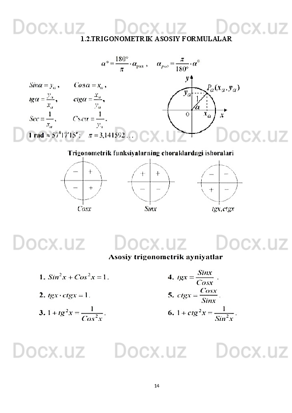 1.2. TRIGONOMETRIK ASOSIY FORMULALAR  
14 