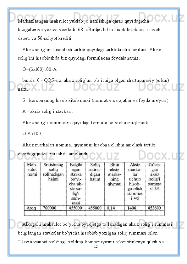 Markazlashgan mahsulot yuklab jo`natilishiga qarab quyidagicha 
buxgalteriya yozuvi yoziladi: 68- «Budjet bilan hisob-kitoblar» schyoti 
debeti va 56-schyot krediti. 
Aksiz solig`ini hisoblash tartibi quyidagi tartibda olib boriladi. Aksiz 
solig`ini hisoblashda biz quyidagi formuladan foydalanamiz.
O=(Sxl00)100-A
bunda: 0 - QQS-siz, aksiz solig`ini o`z ichiga olgan shartnomaviy (erkin) 
narx;
S - korxonaning hisob-kitob narxi (normativ xarajatlar va foyda me'yori);
A - aksiz solig`i stavkasi.
Aksiz solig`i summasini quyidagi formula bo`yicha aniqlanadi:
O A /100
Aksiz markalari nominal qiymatini hisobga olishni aniqlash tartibi 
quyidagi jadval misolida aniqlandi
Alkogolli mahsulot bo‘yicha byudjetga to‘lanadigan aksiz solig‘i summasi 
belgilangan stavkalar bo‘yicha hisoblab yozilgan soliq summasi bilan 
“Uzvinosanoat-xolding” xolding kompaniyasini rekonstruksiya qilish va 
12 