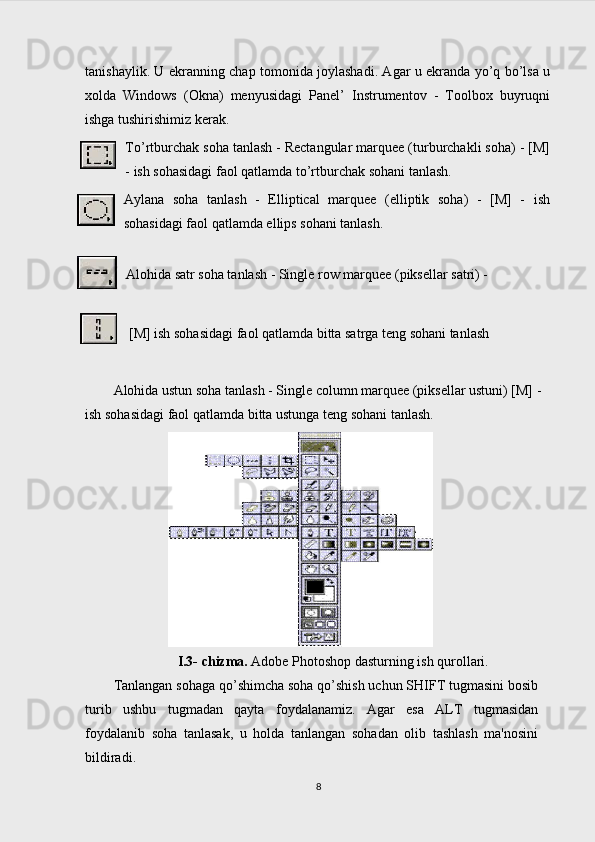 tanishaylik. U ekranning chap tomonida joylashadi. Agar u ekranda yo’q bo’lsa u
xolda   Windows   (Okna)   menyusidagi   Panel’   Instrumentov   -   Toolbox   buyruqni
ishga tushirishimiz kerak.
To’rtburchak soha tanlash - Rectangular marquee (turburchakli soha) - [M]
- ish sohasidagi faol qatlamda to’rtburchak sohani tanlash.
Aylana   soha   tanlash   -   Elliptical   marquee   (elliptik   soha)   -   [M]   -   ish
sohasidagi faol qatlamda ellips sohani tanlash.
Alohida satr soha tanlash - Single row marquee (piksellar satri) -
 [M] ish sohasidagi faol qatlamda bitta satrga teng sohani tanlash
Alohida ustun soha tanlash - Single column marquee (piksellar ustuni) [M] - 
ish sohasidagi faol qatlamda bitta ustunga teng sohani tanlash.
I.3- chizma.  Adobe Photoshop dasturning ish qurollari.
Tanlangan sohaga qo’shimcha soha qo’shish uchun SHIFT tugmasini bosib
turib   ushbu   tugmadan   qayta   foydalanamiz.   Agar   esa   ALT   tugmasidan
foydalanib   soha   tanlasak,   u   holda   tanlangan   sohadan   olib   tashlash   ma'nosini
bildiradi.
8 