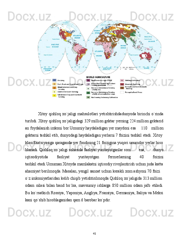                    Xitoy qishloq xo`jaligi mahsulotlari yetishtirishdadunyoda birinchi o`rinda
turibdi.   Xitoy   qishloq   xo`jaligidagi   329   million   gektar   yerning   224   million   gektarid
an   foydalanish   imkoni   bor.Umumiy   haydaladigan   yer   maydoni   esa     110   million
gektarni   tashkil   etib,   dunyodagi   haydaladigan   yerlarni   7   foizini   tashkil   etadi.   Xitoy  
klasifikatsiyasiga   qaraganda   yer   fondining   21   foizigina   yuqori   unumdor   yerlar   hiso
blanadi.   Qishloq   xo`jaligi   sohasida   faoliyat   yuritayotganlar   soni   esa,   dunyo
iqtisodiyotida   faoliyat   yuritayotgan   fermerlarning   40   foizini
tashkil   etadi.Umuman   Xitoyda   mamlakatni   iqtisodiy   rivojlantirish   uchun   juda   katta  
ahamiyat berilmoqda. Masalan, yengil sanoat uchun kerakli xom ashyoni 70 foizi  
o`z imkoniyatlaridan kelib chiqib yetishtirilmoqda.Qishloq xo`jaligida 313 million  
odam   oilasi   bilan   band   bo`lsa,   mavsumiy   ishlarga   850   million   odam   jalb   etiladi.
Bu   ko`rsatkich   Rossiya,   Yaponiya,   Angliya,   Fransiya,   Germaniya,   Italiya   va   Meksi
kani qo`shib hisoblaganidan qam 6 barobar ko`pdir.
41 