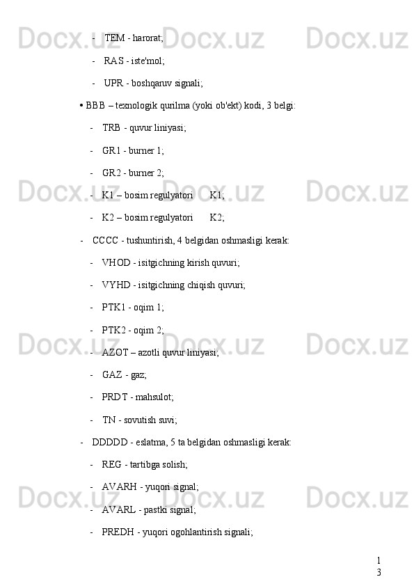 1
3- TEM  - harorat;
- RAS  - iste'mol;
- UPR  - boshqaruv signali;
•  BBB  – texnologik qurilma (yoki ob'ekt) kodi, 3 belgi:
- TRB  - quvur liniyasi;
- GR1  - burner 1;
- GR2  - burner 2;
- K1  – bosim regulyatori  K1;
- K2  – bosim regulyatori  K2;
- CCCC  - tushuntirish, 4 belgidan oshmasligi kerak:
- VHOD  - isitgichning kirish quvuri;
- VYHD  - isitgichning chiqish quvuri;
- PTK1  - oqim 1;
- PTK2  - oqim 2;
- AZOT  – azotli quvur liniyasi;
- GAZ  - gaz;
- PRDT  - mahsulot;
- TN  - sovutish suvi;
- DDDDD  - eslatma, 5 ta belgidan oshmasligi kerak:
- REG  - tartibga solish;
- AVARH  - yuqori signal;
- AVARL  - pastki signal;
- PREDH  - yuqori ogohlantirish signali; 