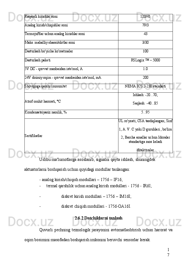 1
7Raqamli kirishlar soni 120/41
Analog kirish/chiqishlar soni 79/3
Termojuftlar uchun analog kirishlar soni 43
Maks. mahalliy shassi/slotlar soni 3/30
Dasturlash bo'yicha ko'rsatmalar 100
Dasturlash paketi RSLogix  ™ – 5000
5V  DC  - quvvat manbaidan iste'mol, A 1.0
24V  doimiy oqim  - quvvat manbaidan iste'mol, mA 200
Shovqinga qarshi immunitet NEMA ICS  2-230 standarti
Atrof-muhit harorati, °C Ishlash: -20...70;
Saqlash: -40...85
Kondensatsiyasiz namlik, % 5...95
Sertifikatlar UL ro'yxati; CSA tasdiqlangan; Sinf
1, A. V. C yoki D  guruhlari , bo'lim
2;  Barcha amallar uchun Idoralar
standartiga mos keladi
direktivalar
Ushbu ma'lumotlarga asoslanib, signalni qayta ishlash, shuningdek 
aktuatorlarni boshqarish uchun quyidagi modullar tanlangan:
-  analog kirish/chiqish modullari – 1756 –  IF16;
- termal qarshilik uchun analog kirish modullari - 1756 -  IR6I;
- diskret kirish modullari – 1756 –  IM16I;
- diskret chiqish modullari -  1756-OA16I.
2.6.2 Datchiklarni tanlash
Quvurli   pechning   texnologik   jarayonini   avtomatlashtirish   uchun   harorat   va
oqim bosimini masofadan boshqarish imkonini beruvchi sensorlar kerak. 
