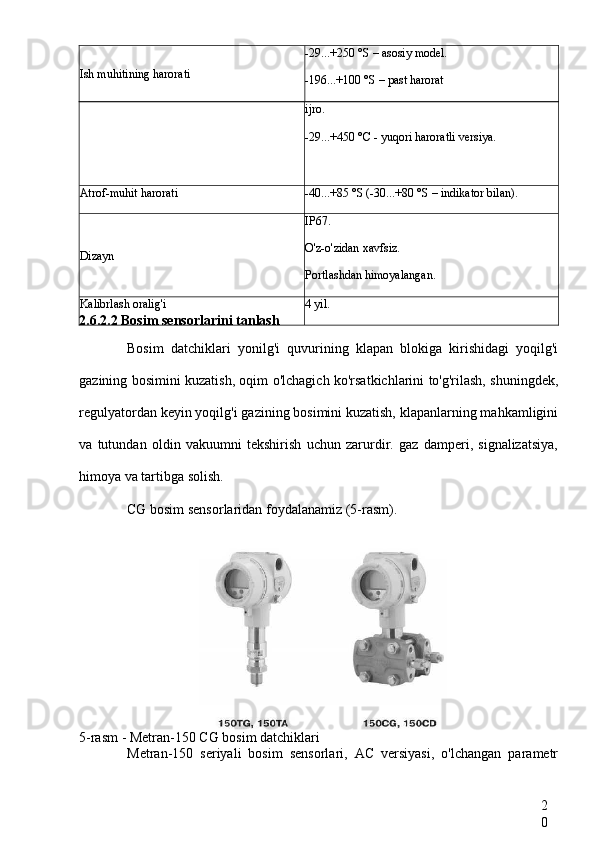 2
0Ish muhitining harorati -29...+250 °S – asosiy model.
-196...+100 °S – past harorat
ijro.
-29...+450 °C - yuqori haroratli versiya.
Atrof-muhit harorati -40...+85 °S (-30...+80 °S – indikator bilan).
Dizayn IP67.
O'z-o'zidan xavfsiz.
Portlashdan himoyalangan.
Kalibrlash oralig'i 4 yil.
2.6.2.2 Bosim sensorlarini tanlash
Bosim   datchiklari   yonilg'i   quvurining   klapan   blokiga   kirishidagi   yoqilg'i
gazining bosimini kuzatish, oqim o'lchagich ko'rsatkichlarini to'g'rilash, shuningdek,
regulyatordan keyin yoqilg'i gazining bosimini kuzatish, klapanlarning mahkamligini
va   tutundan   oldin   vakuumni   tekshirish   uchun   zarurdir.   gaz   damperi,   signalizatsiya,
himoya va tartibga solish.
CG bosim sensorlaridan  foydalanamiz (5-rasm).
5-rasm - Metran-150  CG bosim datchiklari
Metran-150   seriyali   bosim   sensorlari,   AC   versiyasi,   o'lchangan   parametr 