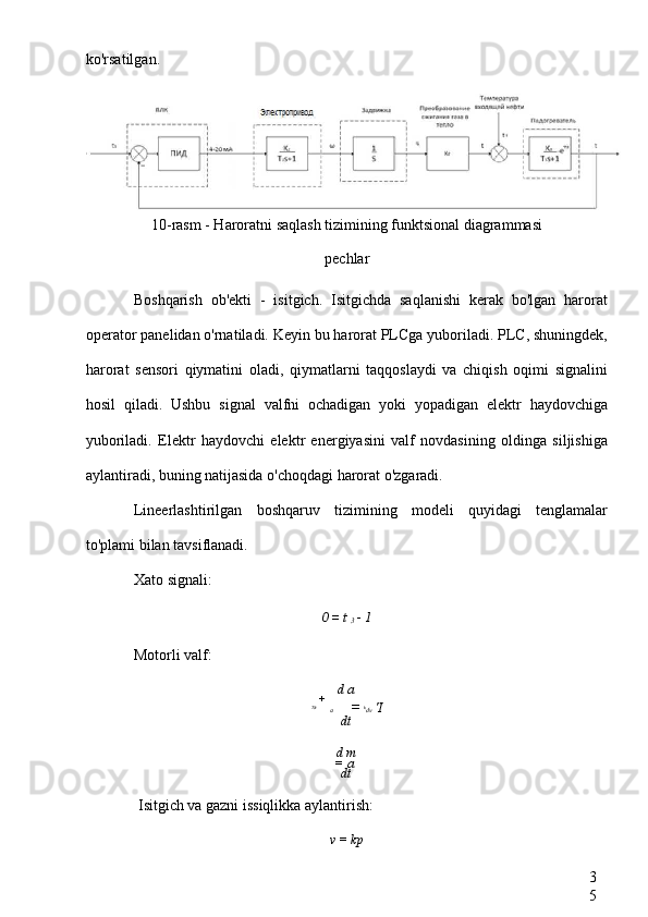 3
5ko'rsatilgan.
10-rasm - Haroratni saqlash tizimining funktsional diagrammasi
pechlar
Boshqarish   ob'ekti   -   isitgich.   Isitgichda   saqlanishi   kerak   bo'lgan   harorat
operator panelidan o'rnatiladi. Keyin bu harorat PLCga yuboriladi. PLC, shuningdek,
harorat   sensori   qiymatini   oladi,   qiymatlarni   taqqoslaydi   va   chiqish   oqimi   signalini
hosil   qiladi.   Ushbu   signal   valfni   ochadigan   yoki   yopadigan   elektr   haydovchiga
yuboriladi.   Elektr   haydovchi   elektr   energiyasini   valf   novdasining   oldinga   siljishiga
aylantiradi, buning natijasida o'choqdagi harorat o'zgaradi.
Lineerlashtirilgan   boshqaruv   tizimining   modeli   quyidagi   tenglamalar
to'plami bilan tavsiflanadi.
Xato signali:
0  =  t 
3  -  1
Motorli valf:
d  a
Tdv  + 
a   =  k 
dv  'I
dt
d  m
=  a 
dt
Isitgich va gazni issiqlikka aylantirish:
v  =  kp 