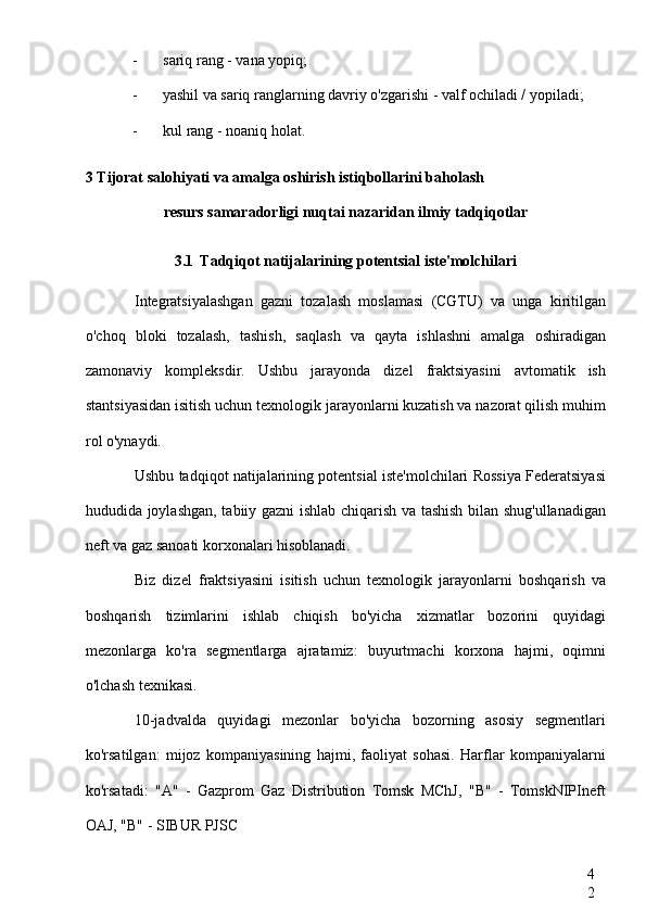 4
2- sariq rang - vana yopiq;
- yashil va sariq ranglarning davriy o'zgarishi - valf ochiladi / yopiladi;
- kul rang - noaniq holat.
3 Tijorat salohiyati va amalga oshirish istiqbollarini baholash
resurs samaradorligi nuqtai nazaridan ilmiy tadqiqotlar
3.1 Tadqiqot natijalarining potentsial iste'molchilari
Integratsiyalashgan   gazni   tozalash   moslamasi   (CGTU)   va   unga   kiritilgan
o'choq   bloki   tozalash,   tashish,   saqlash   va   qayta   ishlashni   amalga   oshiradigan
zamonaviy   kompleksdir.   Ushbu   jarayonda   dizel   fraktsiyasini   avtomatik   ish
stantsiyasidan isitish uchun texnologik jarayonlarni kuzatish va nazorat qilish muhim
rol o'ynaydi.
Ushbu tadqiqot natijalarining potentsial iste'molchilari Rossiya Federatsiyasi
hududida joylashgan, tabiiy gazni ishlab chiqarish va tashish bilan shug'ullanadigan
neft va gaz sanoati korxonalari hisoblanadi.
Biz   dizel   fraktsiyasini   isitish   uchun   texnologik   jarayonlarni   boshqarish   va
boshqarish   tizimlarini   ishlab   chiqish   bo'yicha   xizmatlar   bozorini   quyidagi
mezonlarga   ko'ra   segmentlarga   ajratamiz:   buyurtmachi   korxona   hajmi,   oqimni
o'lchash texnikasi.
10-jadvalda   quyidagi   mezonlar   bo'yicha   bozorning   asosiy   segmentlari
ko'rsatilgan:   mijoz   kompaniyasining   hajmi,   faoliyat   sohasi.   Harflar   kompaniyalarni
ko'rsatadi:   "A"   -   Gazprom   Gaz   Distribution   Tomsk   MChJ,   "B"   -   TomskNIPIneft
OAJ, "B" - SIBUR PJSC 