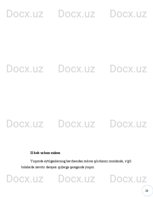 20II-bob uchun xulosa
Yuqorida aytilganlarning barchasidan xulosa qilishimiz mumkinki, o'g'il 
bolalarda xavotir darajasi qizlarga qaraganda yuqori. 