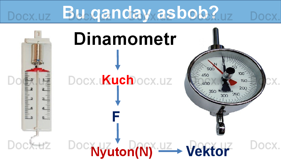 Bu qanday asbob?
Dinamometr 
Kuch
F
Nyuton(N) Vektor 