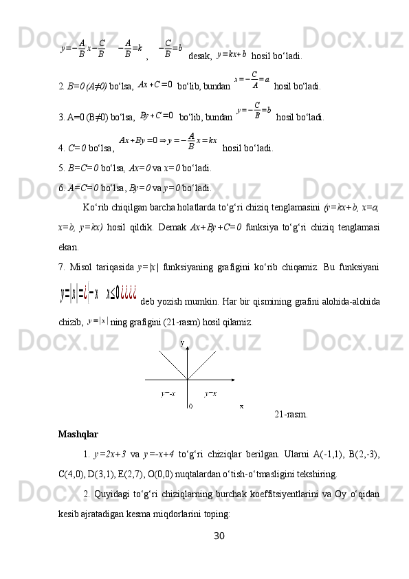 y=−	A
B	x−	C
B	−	A
B=k,	−	C
B=	b  desak, 	y=	kx	+b  hosil bo‘ladi.
2 . B=0 (A≠0)  bo‘lsa, 	
Ax	+C=	0  bo‘lib, bundan 	x=−	C
A=a  hosil bo‘ladi.
3. A=0 (B≠0) bo‘lsa, 	
By	+C	=	0  bo‘lib, bundan 	y=−	C
B=b  hosil bo‘ladi.
4.  C=0  bo‘lsa, 	
Ax	+By	=	0⇒	y=−	A
B	x=	kx  hosil bo‘ladi.
5.  B=C=0  bo‘lsa , Ax=0  va  x=0  bo‘ladi.
6.  A=C=0  bo‘lsa,  By=0  va  y=0  bo‘ladi.
Ko‘rib chiqilgan barcha holatlarda to‘g‘ri chiziq tenglamasini  (y=kx+b, x=a,
x=b,   y=kx)   hosil   qildik.   Demak   Ax+By+C=0   funksiya   to‘g‘ri   chiziq   tenglamasi
ekan.
7.   Misol   tariqasida   y=|x|   funksiyaning   grafigini   ko‘rib   chiqamiz.   Bu   funksiyani	
y=|x|=¿{−x	x≤0¿¿¿¿
 deb yozish mumkin. Har bir qismining  grafini alohida-alohida
chizib, 	
y=|x| ning grafigini (21-rasm) hosil qilamiz.
           21-rasm.
Mashqlar
1.   y=2x+3   va   y=-x+4   to‘g‘ri   chiziqlar   berilgan.   Ularni   A(-1,1),   B(2,-3),
C(4,0), D(3,1), E(2,7), O(0,0) nuqtalardan o‘tish-o‘tmasligini tekshiring.
2.   Quyidagi   to‘g‘ri   chiziqlarning   burchak   koeffitsiyentlarini   va   Oy   o‘qidan
kesib ajratadigan kesma miqdorlarini toping:
30 