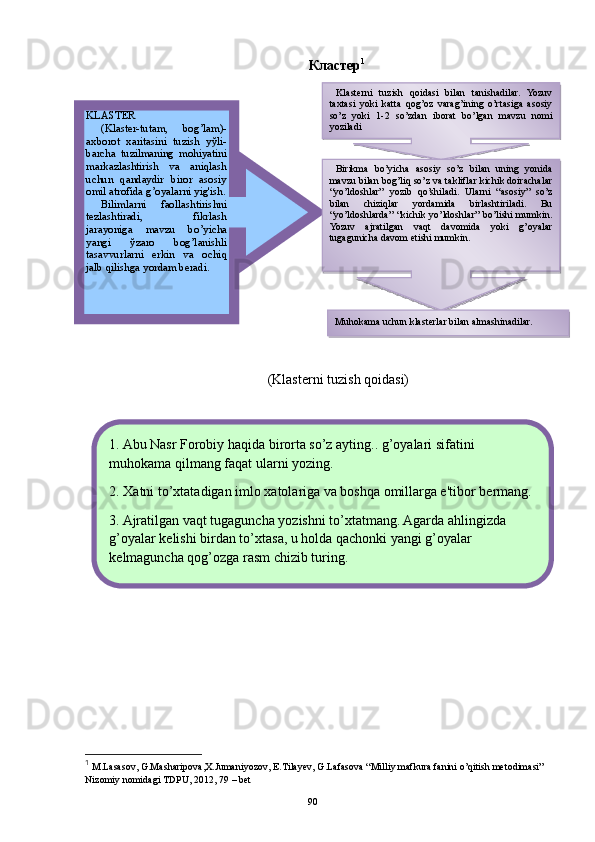 Кластер 1
  (Klastеrni tuzish qoidasi)
1
 M.Lasasov, G.Masharipova,X.Jumaniyozov, E.Tilayev, G.Lafasova “Milliy mafkura fanini o’qitish metodimasi” 
Nizomiy nomidagi TDPU, 2012, 79 – bet
901. Abu Nasr Forobiy haqida birorta so’z ayting.. g’oyalari sifatini 
muhokama qilmang faqat ularni yozing.
2. Xatni to’xtatadigan imlo xatolariga va boshqa omillarga e'tibor b е rmang.
3. Ajratilgan vaqt tugaguncha yozishni to’xtatmang. Agarda ahlingizda 
g’oyalar k е lishi birdan to’xtasa, u holda qachonki yangi g’oyalar 
k е lmaguncha qog’ozga rasm chizib turing.KLASTЕR
  (Klastеr-tutam,  bo g ’lam)-
axborot  xaritasini  tuzish  yўli- 
barcha  tuzilmaning  mo h iyatini 
markazlashtirish  va  ani q lash 
uchun  q andaydir  biror  asosiy 
omil atrofida  g ’oyalarni yi g 'ish.
  Bilimlarni  faollashtirishni 
tеzlashtiradi,  fikrlash 
jarayoniga  mavzu  b o ’yicha 
yangi  ўzaro  bo g ’lanishli 
tasavvurlarni  erkin  va  ochi q  
jalb  q ilishga yordam bеradi. 
    Klast е rni  tuzish  qoidasi  bilan  tanishadilar.  Yozuv 
taxtasi  yoki  katta  qog’oz  varag’ining  o’rtasiga  asosiy 
so’z  yoki  1-2  so’zdan  iborat  bo’lgan  mavzu  nomi 
yoziladi
  Birikma  bo’yicha  asosiy  so’z  bilan  uning  yonida 
mavzu bilan bo g’ li q  so’z va takliflar kichik doirachalar 
“yo’ldoshlar”  yozib  q o’shiladi.  Ularni  “asosiy”  so’z 
bilan  chizi q lar  yordamida  birlashtiriladi.  Bu 
“yo’ldoshlarda”  “kichik  yo’ldoshlar”  bo’lishi  mumkin. 
Yozuv  ajratilgan  va q t  davomida  yoki  g’ oyalar 
tugagunicha davom etishi mumkin.
Muhokama uchun klast е rlar bilan almashinadilar.    