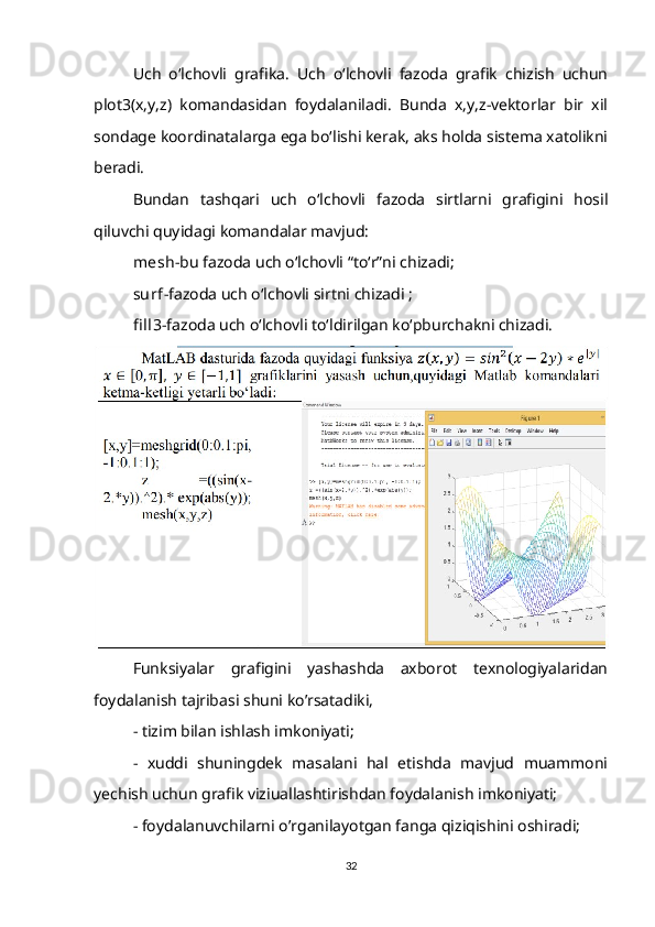 Uch   o‘lchovli   grafika.   Uch   o‘lchovli   fazoda   grafik   chizish   uchun
plot3(x,y,z)   komandasidan   foydalaniladi.   Bunda   x,y,z-vektorlar   bir   xil
sondage koordinatalarga ega bo‘lishi kerak, aks holda sistema xatolikni
beradi.
Bundan   tashqari   uch   o‘lchovli   fazoda   sirtlarni   grafigini   hosil
qiluvchi quyidagi komandalar mavjud:
mesh -bu fazoda uch o‘lchovli “to‘r”ni chizadi;
surf -fazoda uch o‘lchovli sirtni chizadi ;
fi ll3 -fazoda uch o‘lchovli to‘ldirilgan ko‘pburchakni chizadi.
Funksiyalar   grafigini   yashashda   axborot   texnologiyalaridan
foydalanish tajribasi shuni ko’rsatadiki,
- tizim bilan ishlash imkoniyati;
-   xuddi   shuningdek   masalani   hal   etishda   mavjud   muammoni
yechish uchun grafik viziuallashtirishdan foydalanish imkoniyati;
- foydalanuvchilarni o’rganilayotgan fanga qiziqishini oshiradi;
32