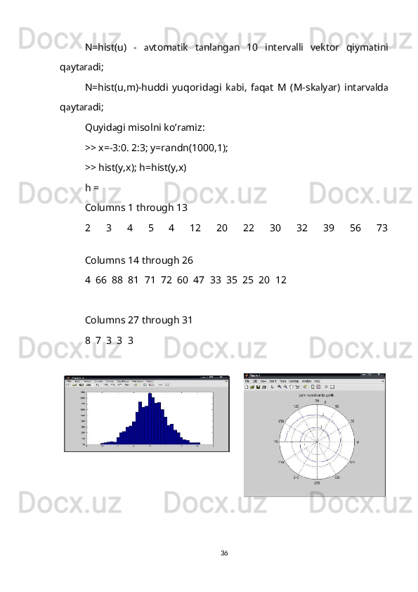 N=hist(u)   -   а vtom а tik   t а nl а ng а n   10   int е rv а lli   v е ktor   qiym а tini
q а yt а r а di;
N=hist(u,m)-huddi   yuqorid а gi   k а bi,   f а q а t   M   (M-sk а lyar)   int а rv а ld а
q а yt а r а di;
Quyid а gi misolni ko’r а miz:
>> x=-3:0. 2:3; y=randn(1000,1);
>> hist(y,x); h=hist(y,x)
h =
Columns 1 through 13
2     3     4     5     4     12     20     22     30     32     39     56     73
Columns 14 through 26
4  66  88  81  71  72  60  47  33  35  25  20  12
Columns 27 through 31
8  7  3  3  3
36