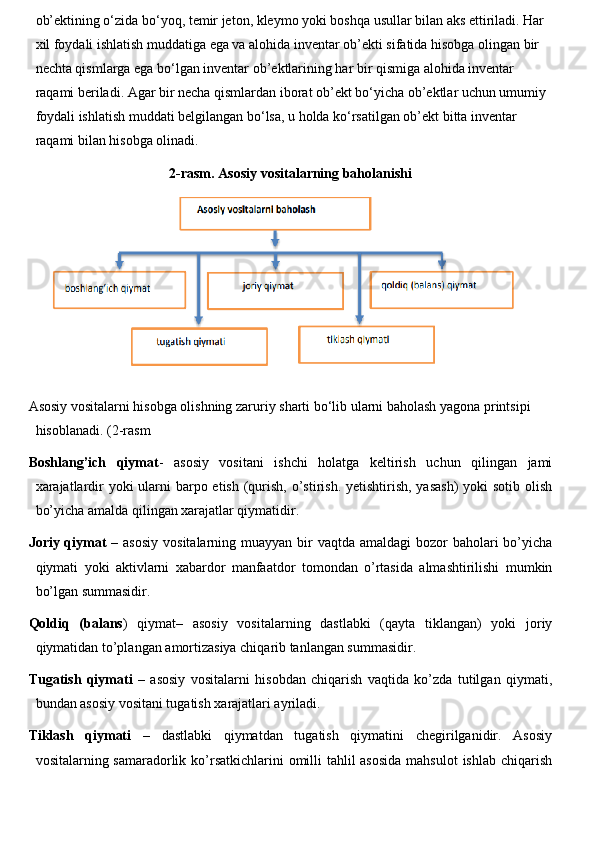 ob’ektining o‘zida bo‘yoq, temir jeton, kleymo yoki boshqa usullar bilan aks ettiriladi. Har 
xil foydali ishlatish muddatiga ega va alohida inventar ob’ekti sifatida hisobga olingan bir 
nechta qismlarga ega bo‘lgan inventar ob’ektlarining har bir qismiga alohida inventar 
raqami beriladi. Agar bir necha qismlardan iborat ob’ekt bo‘yicha ob’ektlar uchun umumiy 
foydali ishlatish muddati belgilangan bo‘lsa, u holda ko‘rsatilgan ob’ekt bitta inventar 
raqami bilan hisobga olinadi.
2-rasm. Asosiy vositalarning baholanishi
Asosiy vositalarni hisobga olishning zaruriy sharti bo‘lib ularni baholash yagona printsipi 
hisoblanadi. (2-rasm
Boshlang’ich   qiymat -   asosiy   vositani   ishchi   holatga   keltirish   uchun   qilingan   jami
xarajatlardir yoki  ularni  barpo etish (qurish, o’stirish. yetishtirish, yasash)  yoki sotib olish
bo’yicha amalda qilingan xarajatlar qiymatidir.
Joriy qiymat   – asosiy  vositalarning muayyan bir  vaqtda amaldagi  bozor  baholari  bo’yicha
qiymati   yoki   aktivlarni   xabardor   manfaatdor   tomondan   o’rtasida   almashtirilishi   mumkin
bo’lgan summasidir. 
Qoldiq   (balans )   qiymat–   asosiy   vositalarning   dastlabki   (qayta   tiklangan)   yoki   joriy
qiymatidan to’plangan amortizasiya chiqarib tanlangan summasidir. 
Tugatish   qiymati   –   asosiy   vositalarni   hisobdan   chiqarish   vaqtida   ko’zda   tutilgan   qiymati,
bundan asosiy vositani tugatish xarajatlari ayriladi.
Tiklash   qiymati   –   dastlabki   qiymatdan   tugatish   qiymatini   chegirilganidir.   Asosiy
vositalarning samaradorlik ko’rsatkichlarini  omilli  tahlil asosida  mahsulot  ishlab chiqarish 