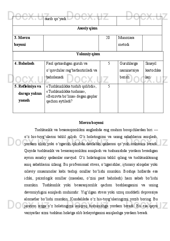 surib qo yadi.ʻ
Asosiy qism
3.  Mavzu 
bayoni 20 Munozara 
metodi
Yakuniy qism
4 . Baholash  Faol qatnashgan guruh va 
o quvchilar rag batlantiriladi va 	
ʻ ʻ
baholanadi 5 Guruhlarga 
naminatsiya 
berish Smayil 
kartochka
lari
5. Refleksiya va 
     darsga yakun
     yasash «Tushkunlikka tushib qolibdi», 
«Tushkunlikka tushma», 
«Bezovta bo lma» degan gaplar 	
ʻ
qachon aytiladi? 5
Mavzu bayoni
Tushkunlik va besaranjomlikni anglashda eng muhim bosqichlardan biri —
o z   his-tuyg ularini   tahlil   qilish.   O z   holatingizni   va   uning   sabablarini   aniqlash,	
ʻ ʻ ʻ
yordam   olish   yoki   o zgarish   qilishda   dastlabki   qadamni   qo yish   imkonini   beradi.	
ʻ ʻ
Quyida tushkunlik va besaranjomlikni  aniqlash va tushunishda  yordam  beradigan
ayrim   amaliy   qadamlar   mavjud.   O z   holatingizni   tahlil   qiling   va   tushkunlikning	
ʻ
aniq sabablarini izlang. Bu professional stress, o zgarishlar, ijtimoiy aloqalar yoki	
ʻ
oilaviy   muammolar   kabi   tashqi   omillar   bo lishi   mumkin.   Boshqa   hollarda   esa	
ʻ
ichki,   psixologik   omillar   (masalan,   o zini   past   baholash)   ham   sabab   bo lishi	
ʻ ʻ
mumkin.   Tushkunlik   yoki   besaranjomlik   qachon   boshlanganini   va   uning
davomiyligini aniqlash muhimdir. Yig ilgan stress yoki uzoq muddatli depressiya
ʻ
alomatlar   bo lishi  mumkin.  Kundalikda  o z  his-tuyg ularingizni  yozib  boring.  Bu	
ʻ ʻ ʻ
jarayon   sizga   o z   holatingizni   aniqroq   tushunishga   yordam   beradi.   Bu   esa   qaysi	
ʻ
vaziyatlar sizni tushkun holatga olib kelayotganini aniqlashga yordam beradi. 